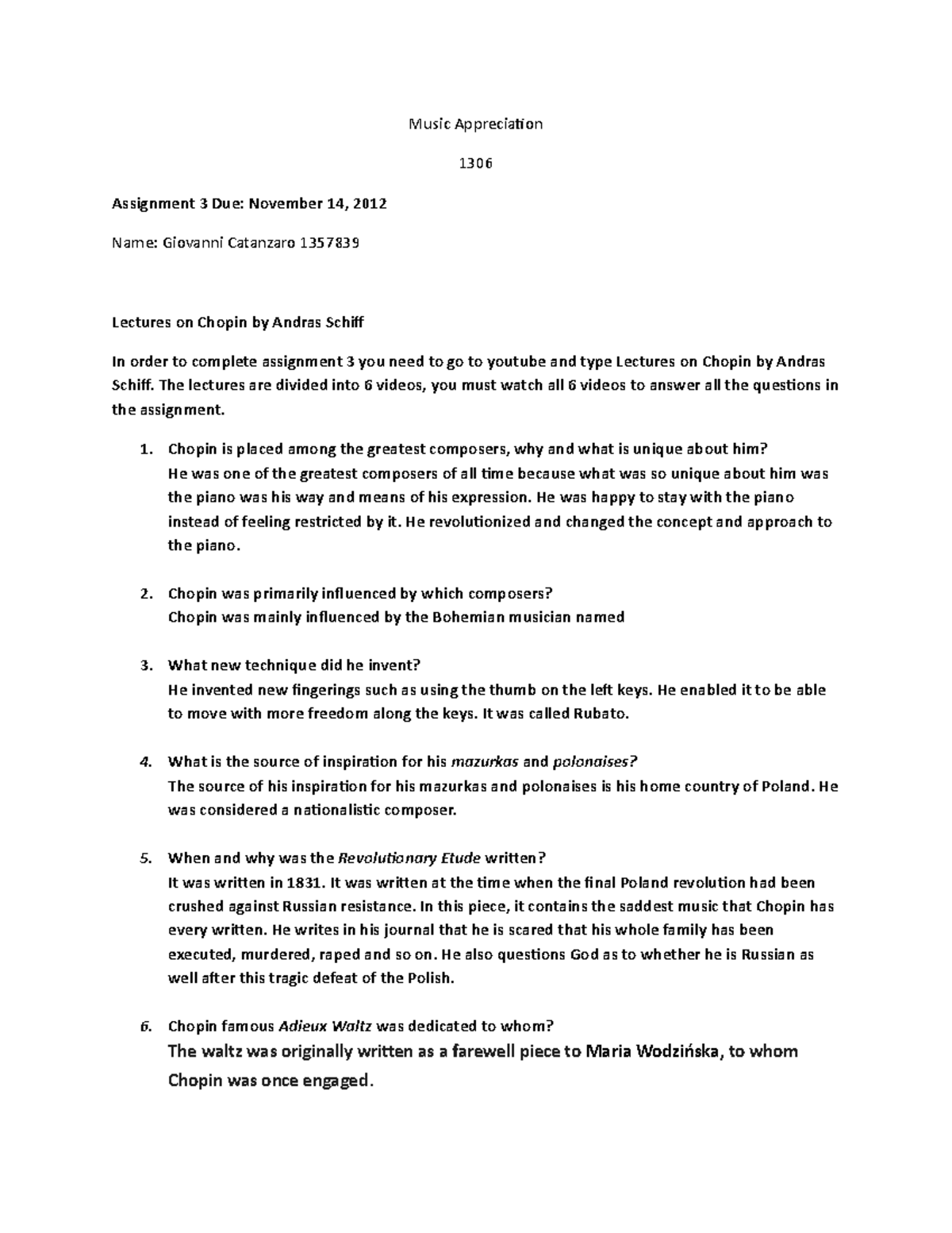 Assignment #2- Chopin 1357839 - Music Appreciation 1306 Assignment 3 ...