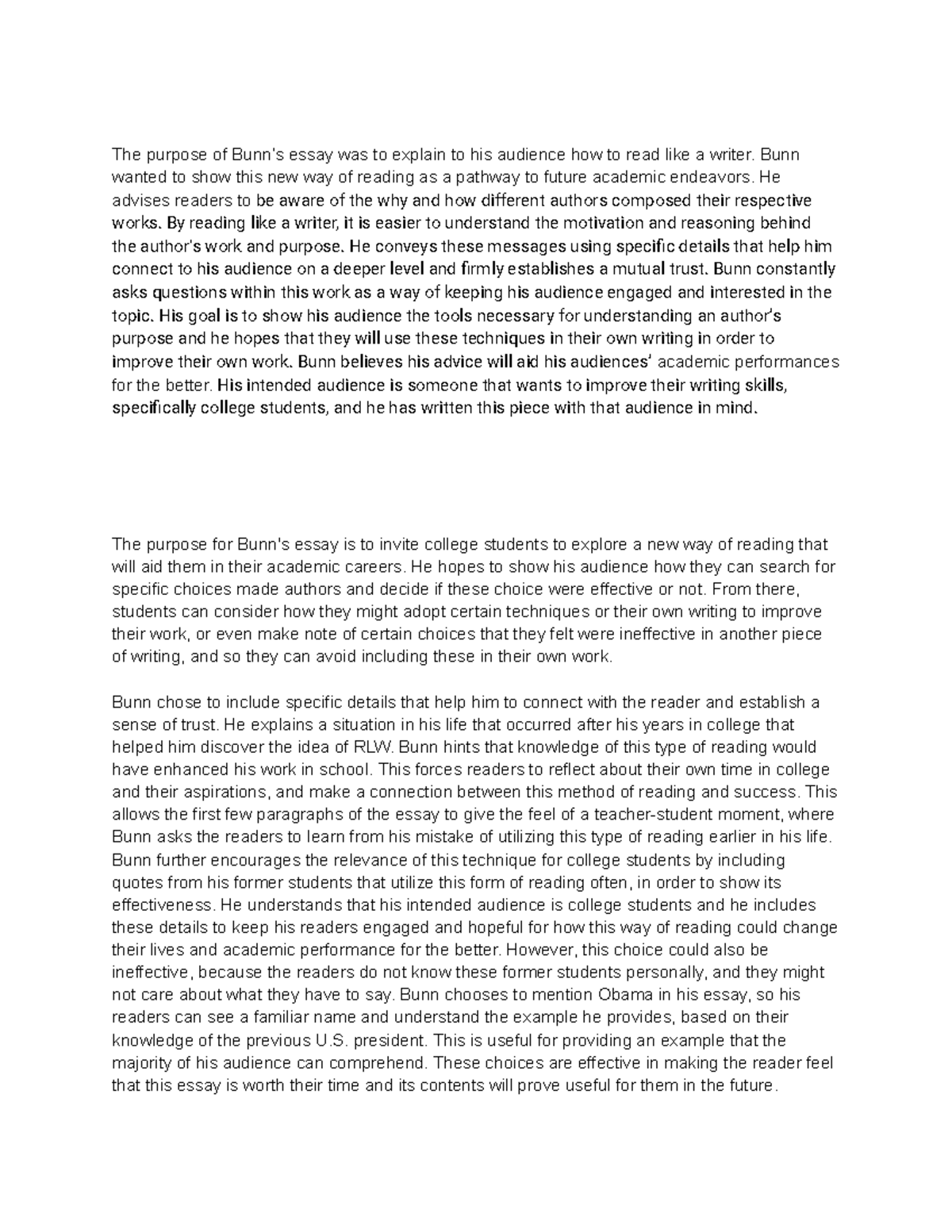 Bunn Reading Response Example - The purpose of Bunn’s essay was to ...