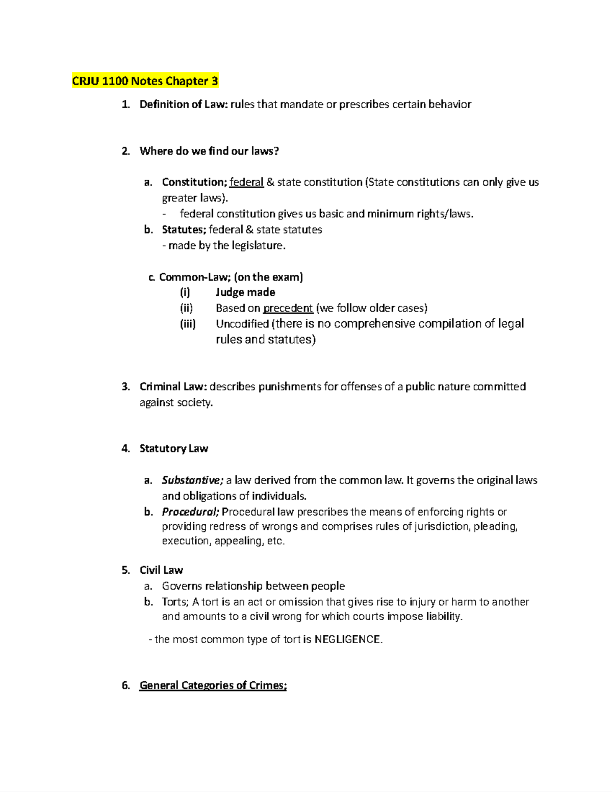 CRJU 1100 Chapter 3 Notes - CRJU 1100 Notes Chapter 3 Definition of Law ...