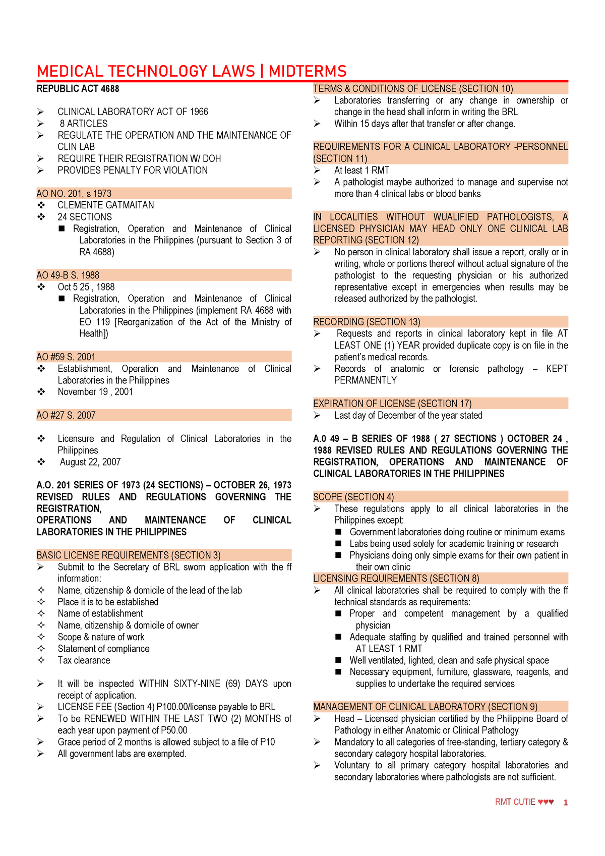 MT LAWS Transes Midterms - REPUBLIC ACT 4688 CLINICAL LABORATORY ACT OF ...