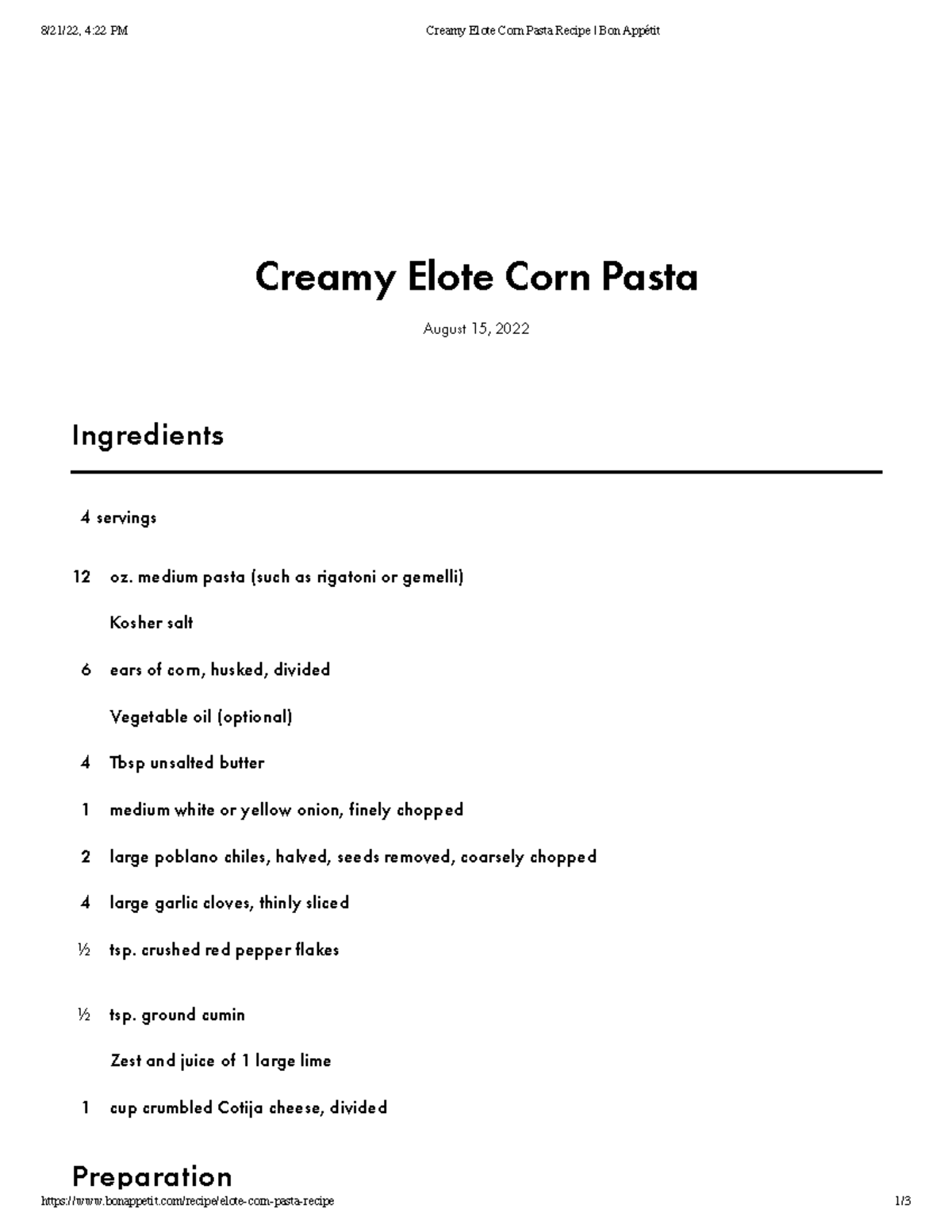 Creamy Elote Corn Pasta Recipe Bon Appétit 8/21/22, 422 PM Creamy