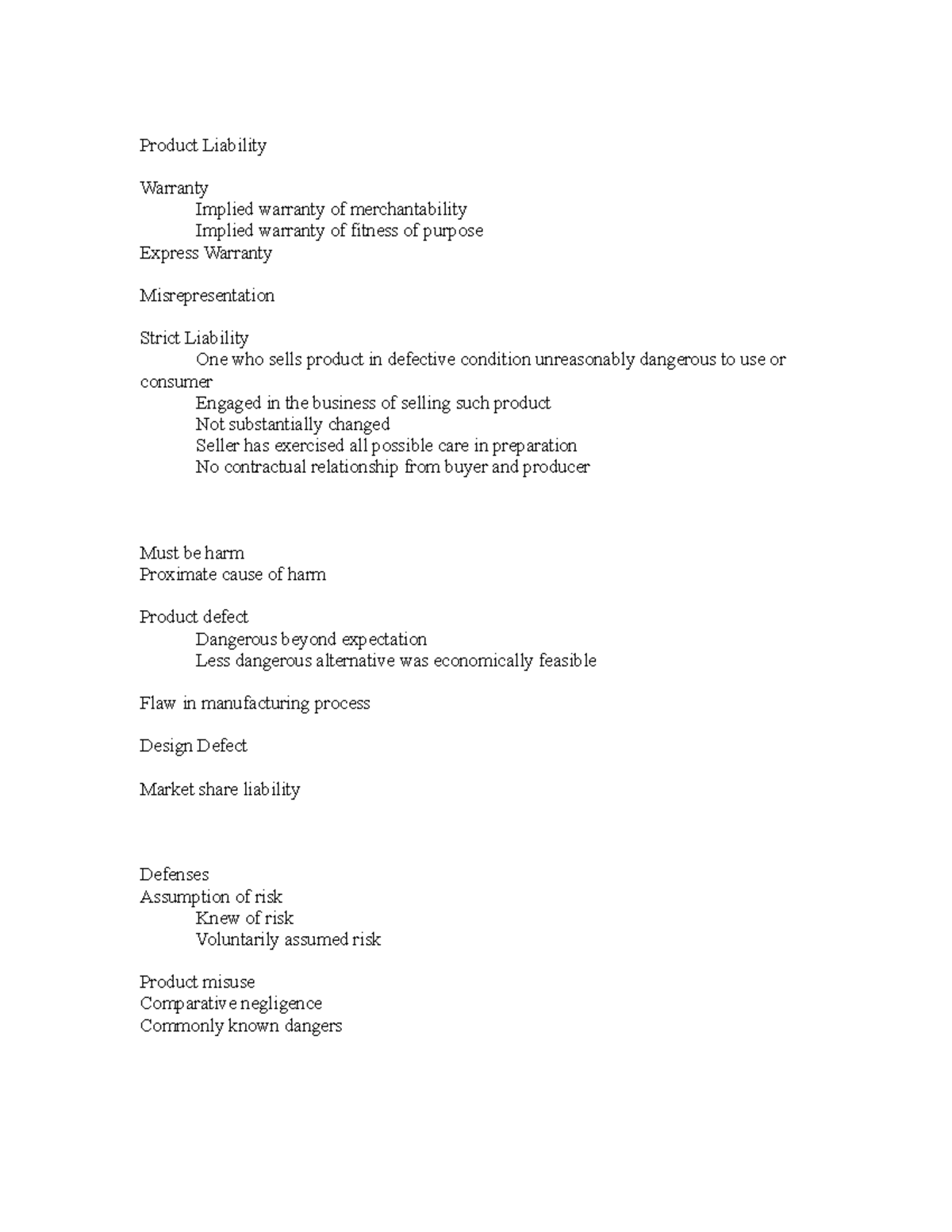 Product liability Study guides prepared by the professor Product