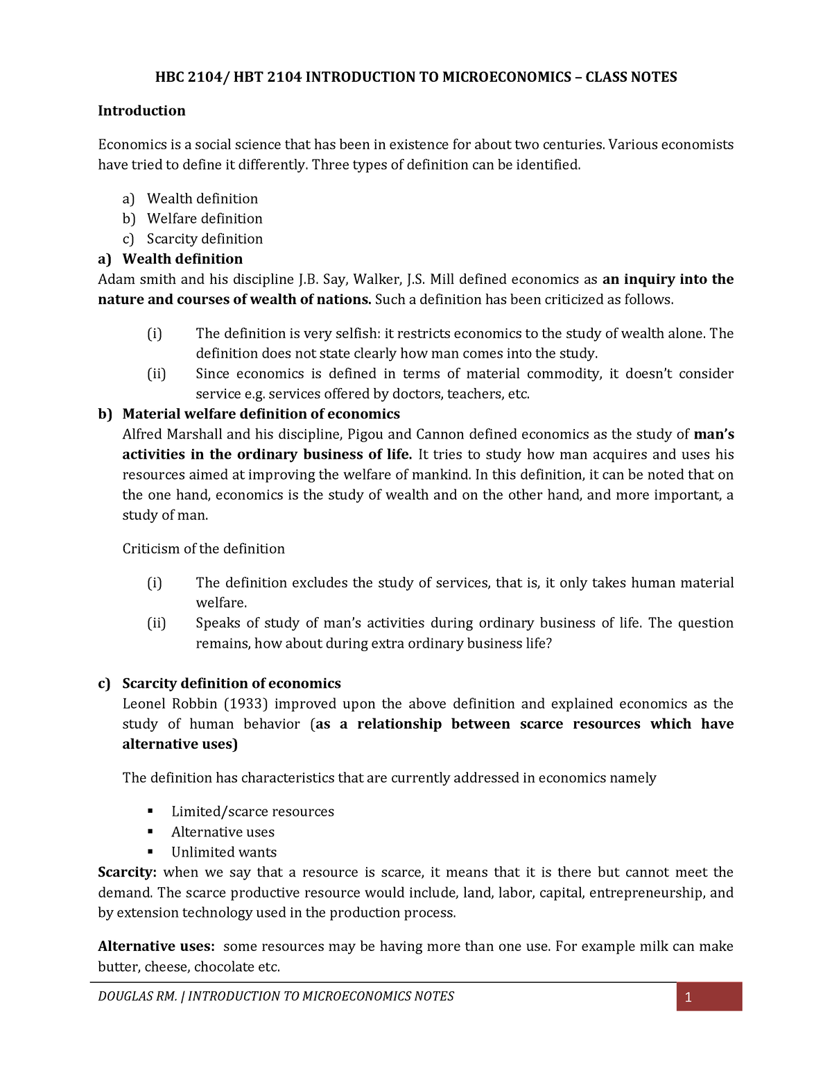 Micro Class Notes - HBC 2104/ HBT 2104 INTRODUCTION TO MICROECONOMICS ...