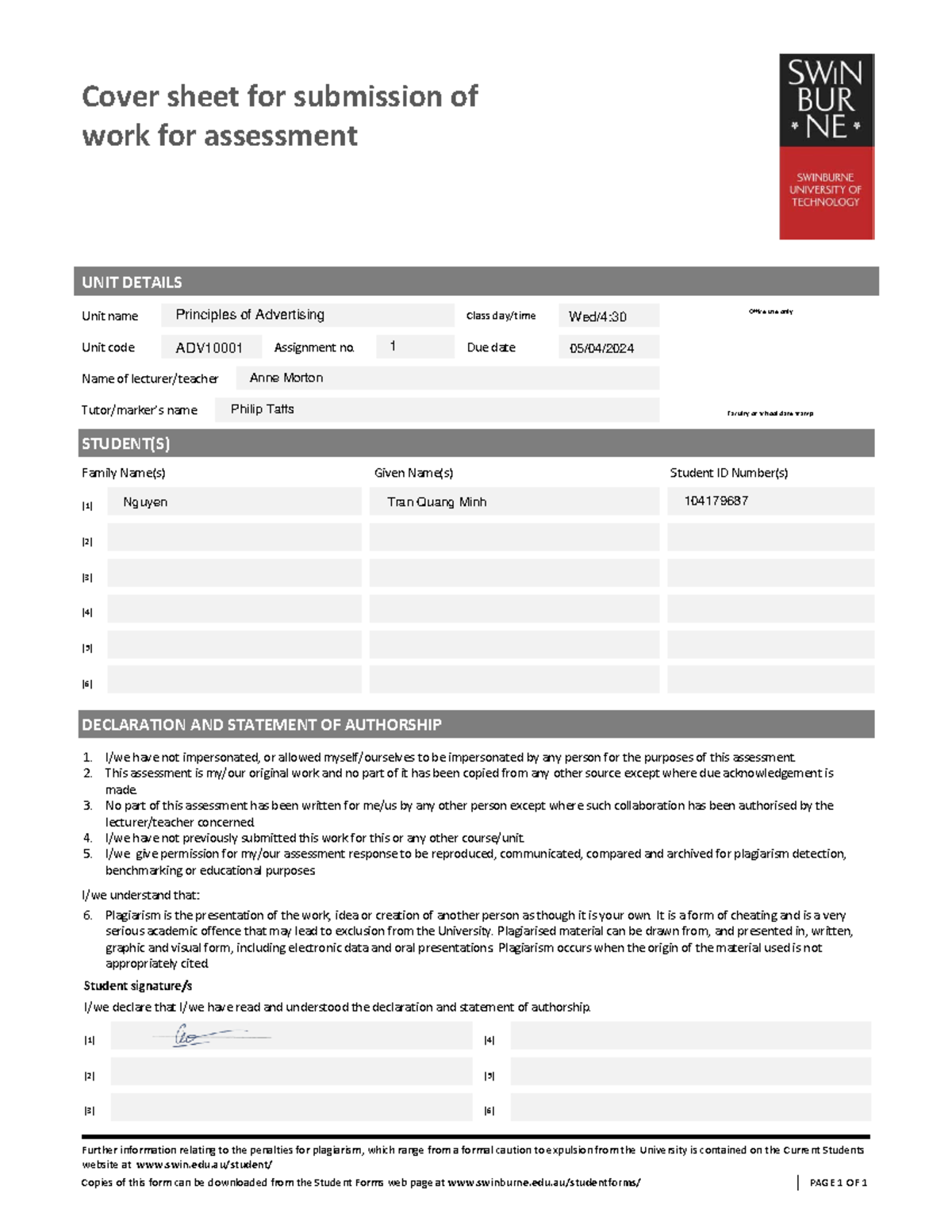 104179687 Assignment 1 - Cover sheet for submission of work for ...