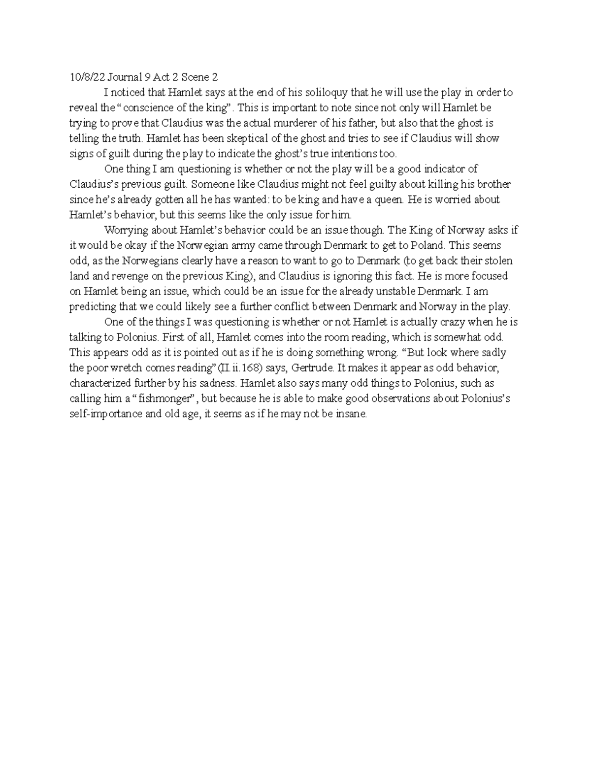 Journal Entry Shakespeare Hamlet Act 2 Scene 2 10/8/22 Journal 9 Act