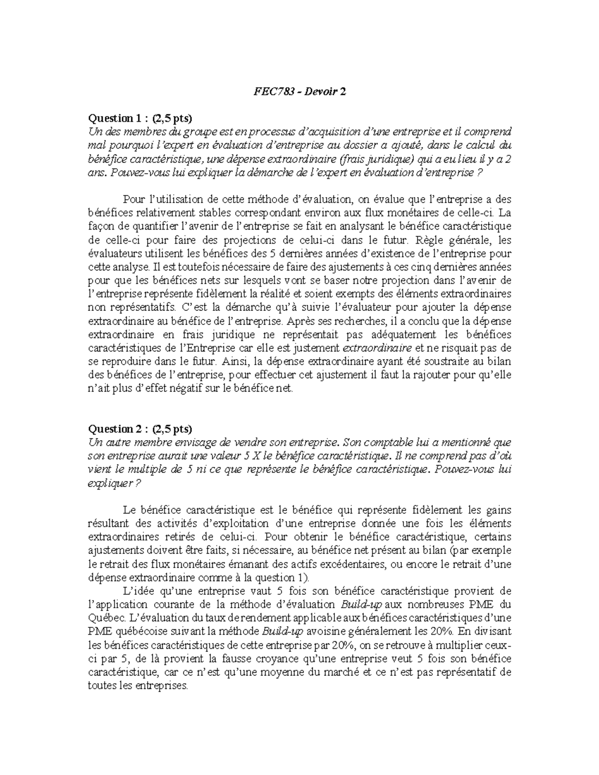 TP2 - évaluation D'entreprise - FEC783 - Devoir 2 Question 1 : (2,5 Pts ...