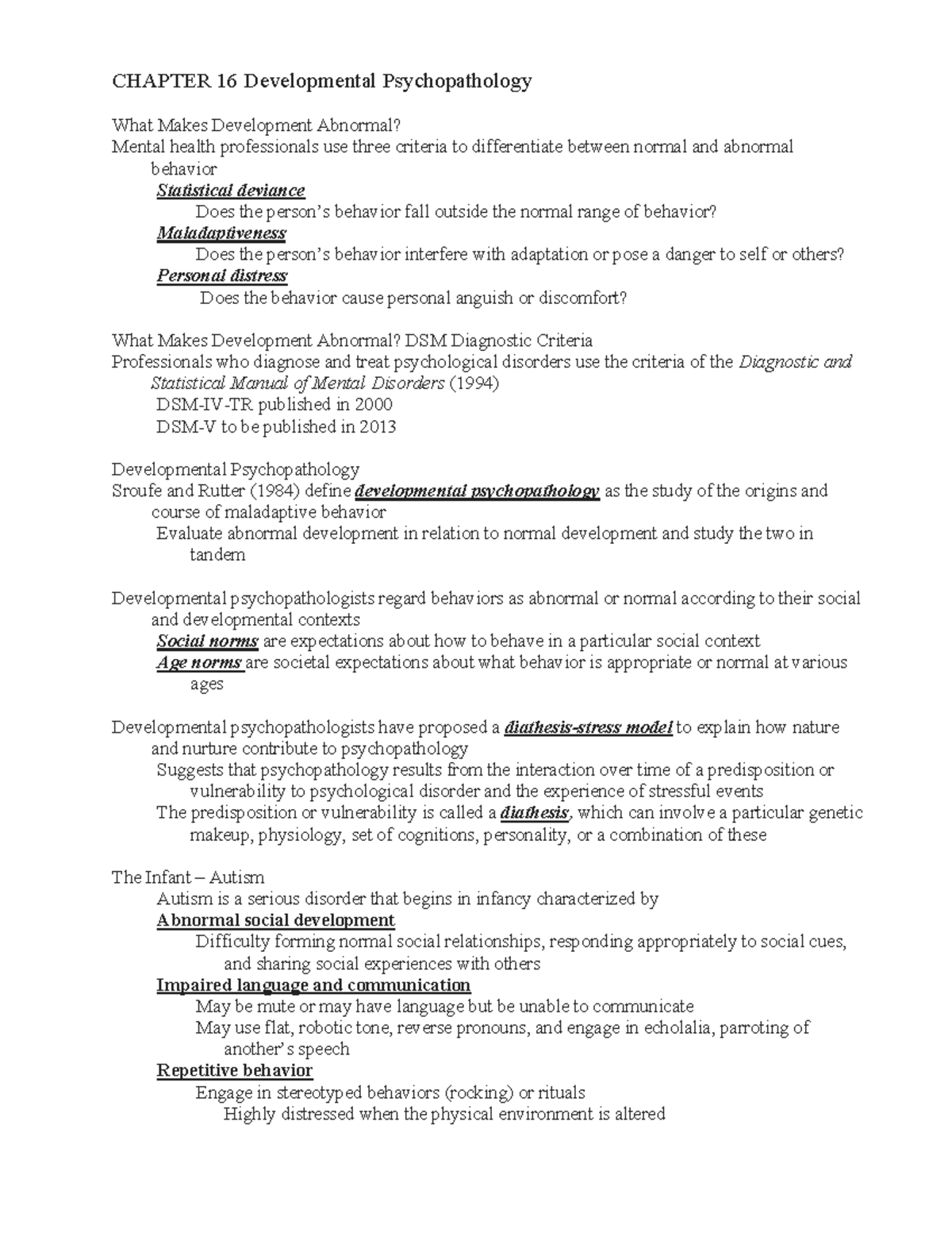 2103 Chapter 16 Developmental Psychopathology Notes - CHAPTER 16 ...