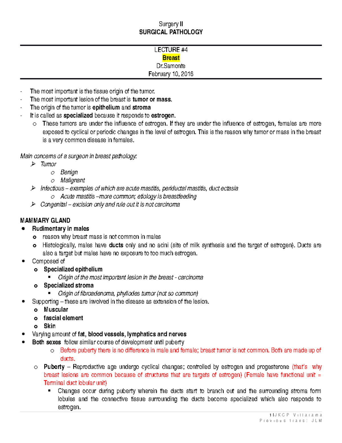 Breast-Dr - Lecture notes 4 - Surgery II SURGICAL PATHOLOGY LECTURE #4 ...