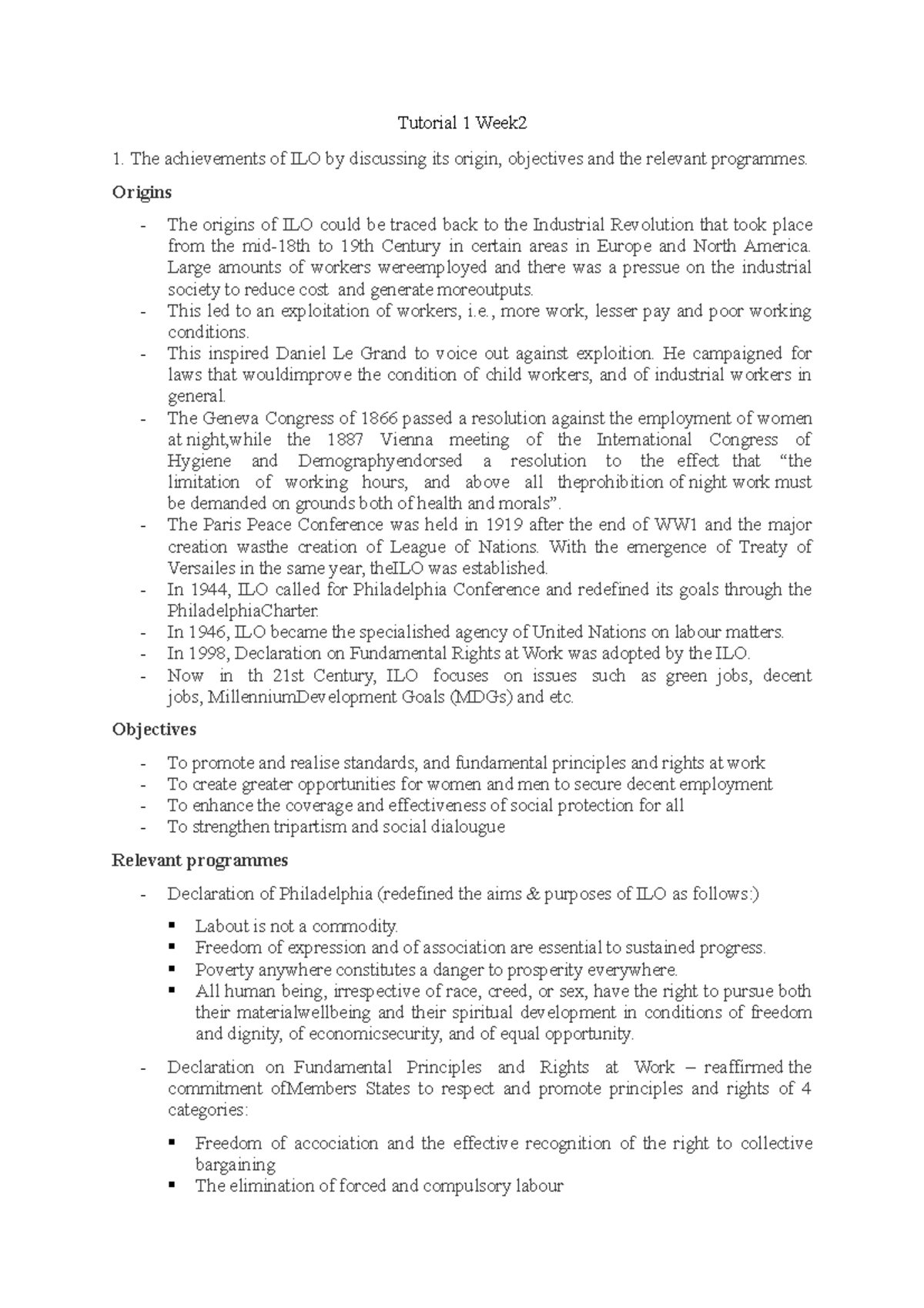 Labour law 372094 Tutorial 1 (Week 2) about ILO and it's relevant in ...
