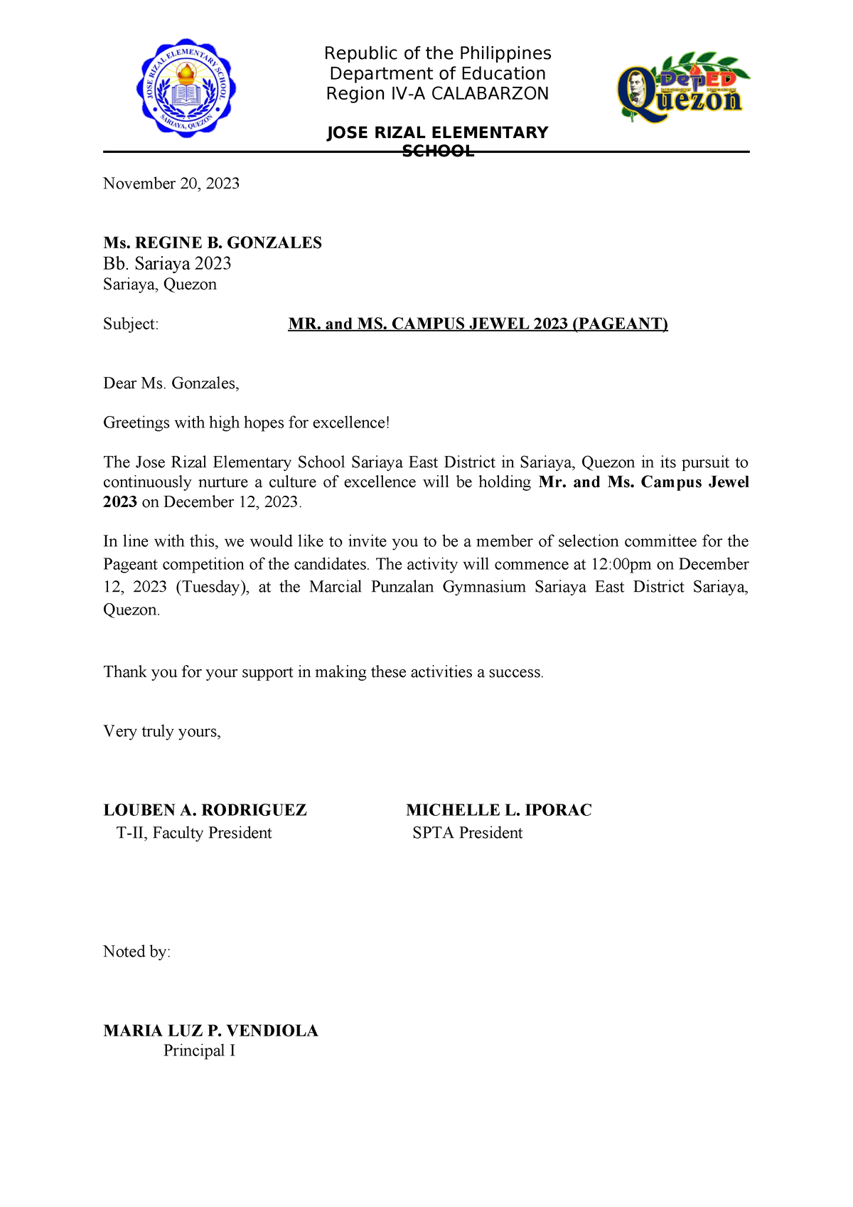 Letter to judge - November 20, 2023 Ms. REGINE B. GONZALES Bb. Sariaya ...