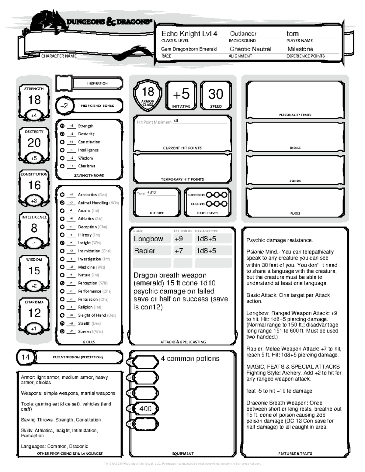 Character sheet for zachs party 1 RACE CLASS & LEVEL PLAYER NAME
