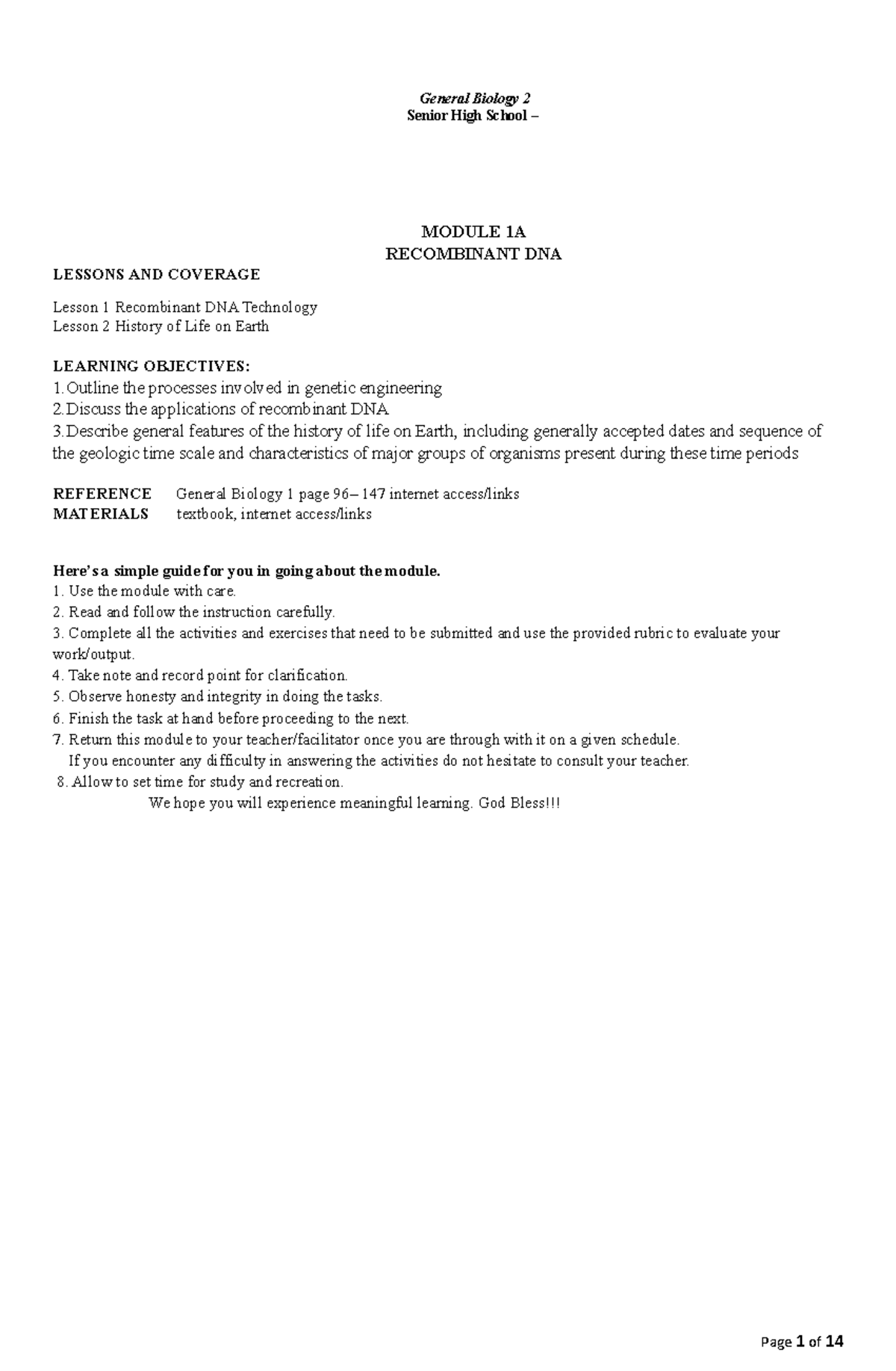 Biology 2 Q1- Module - Senior High School – MODULE 1A RECOMBINANT DNA ...