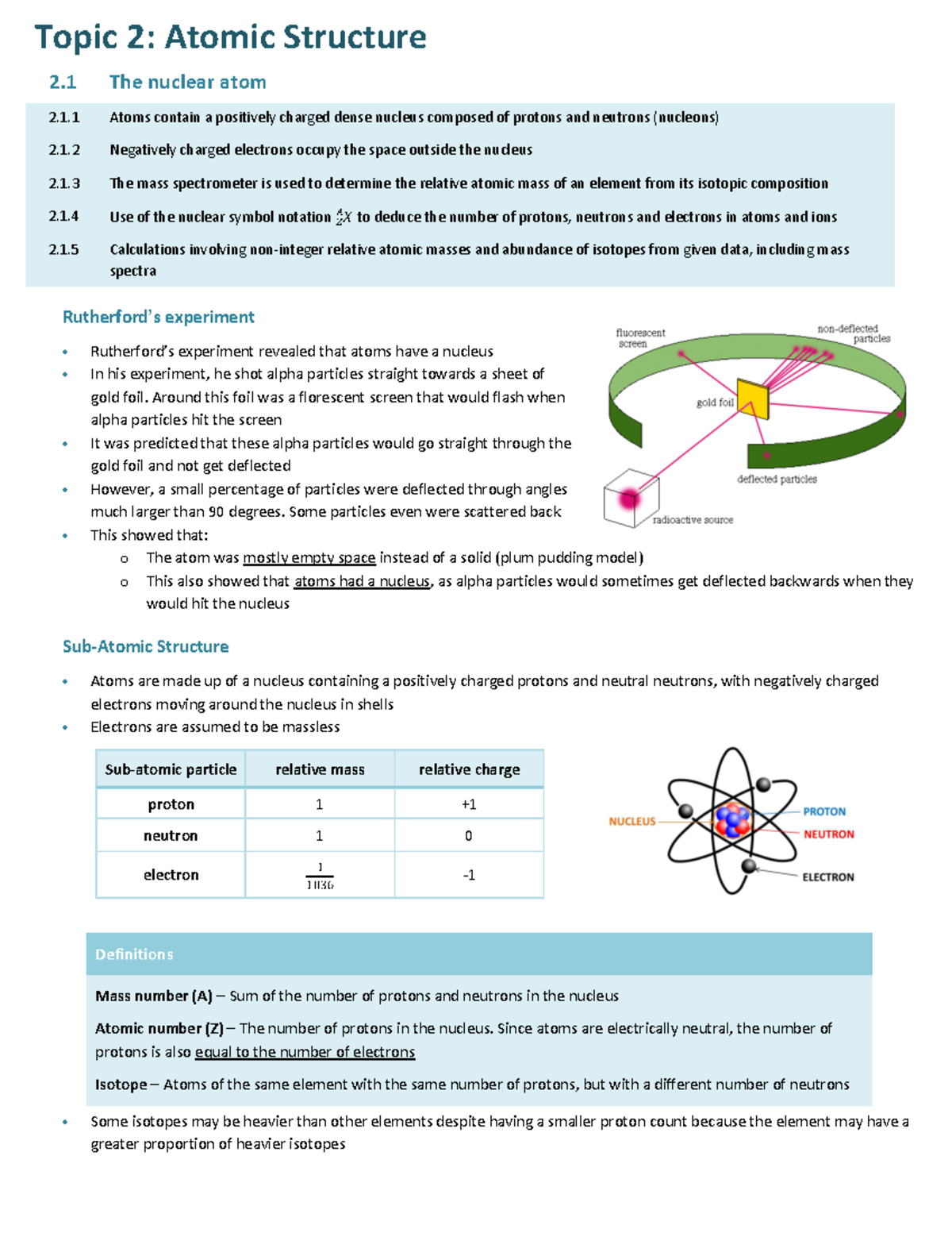 Topic 2 - Chem Notes - Topic 2: Atomic Structure 2 The Nuclear Atom 2.1 ...