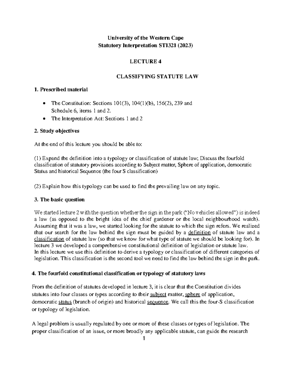 STI Lecture 4 2023 Classification of statutes University of the