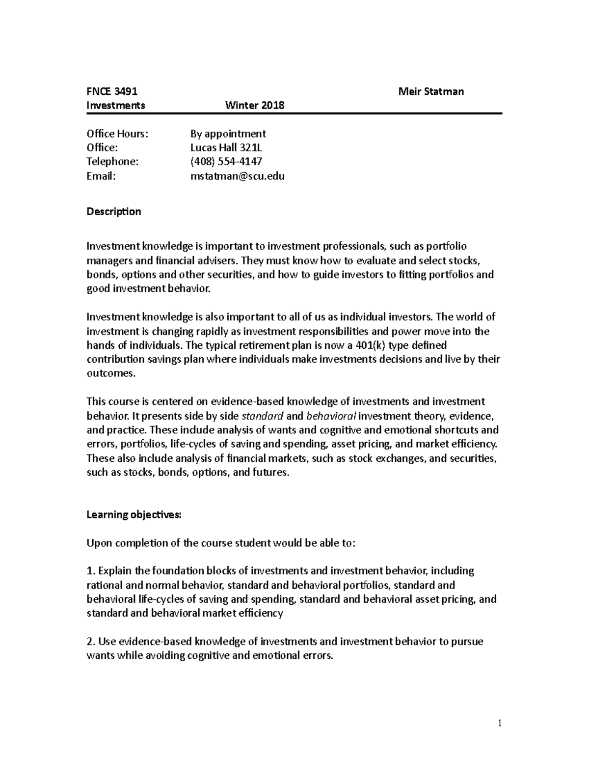 Syllabus 3491 020618 - FNCE 3491 Investments Meir Statman Winter 2018 ...