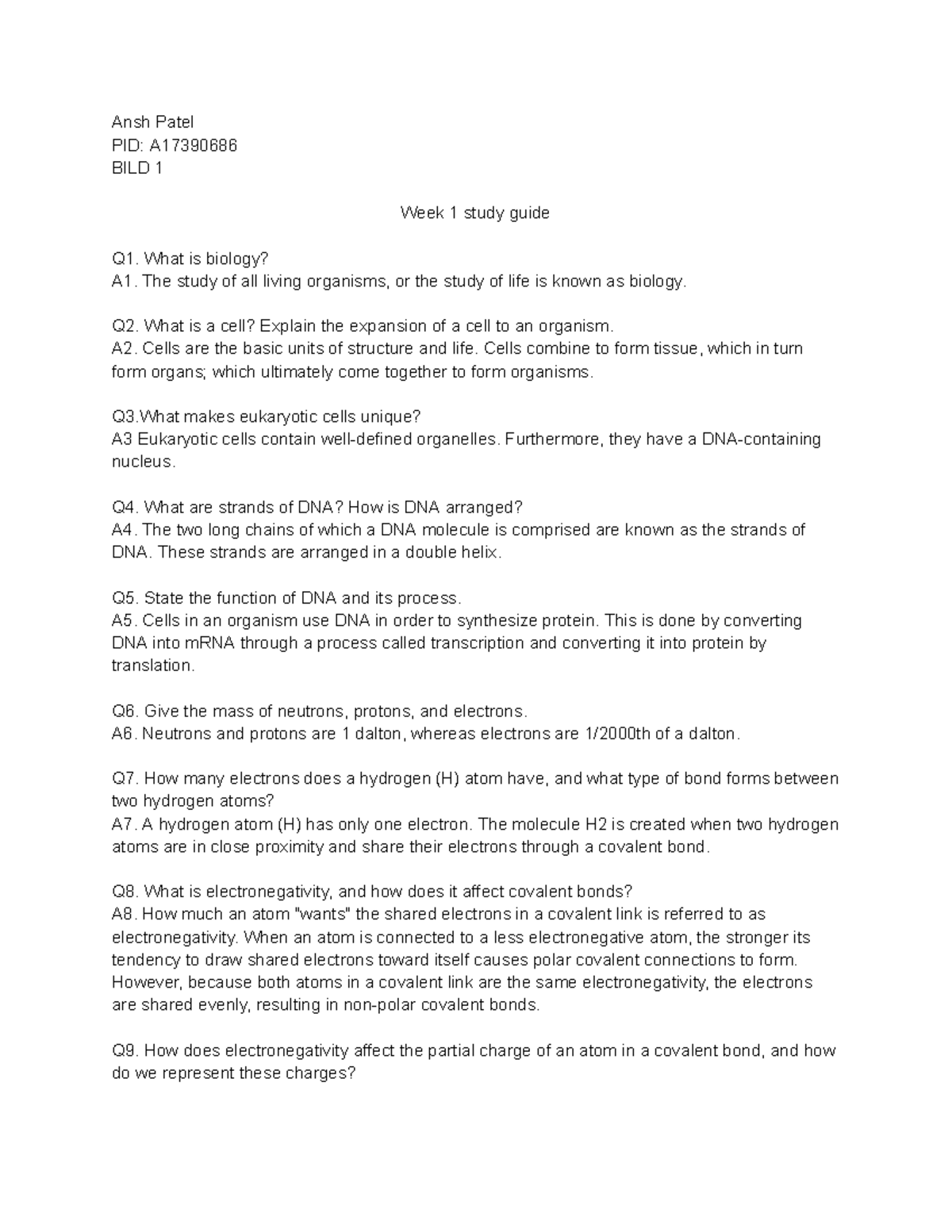 practice questions week 1 - Ansh Patel PID: A BILD 1 Week 1 study guide ...