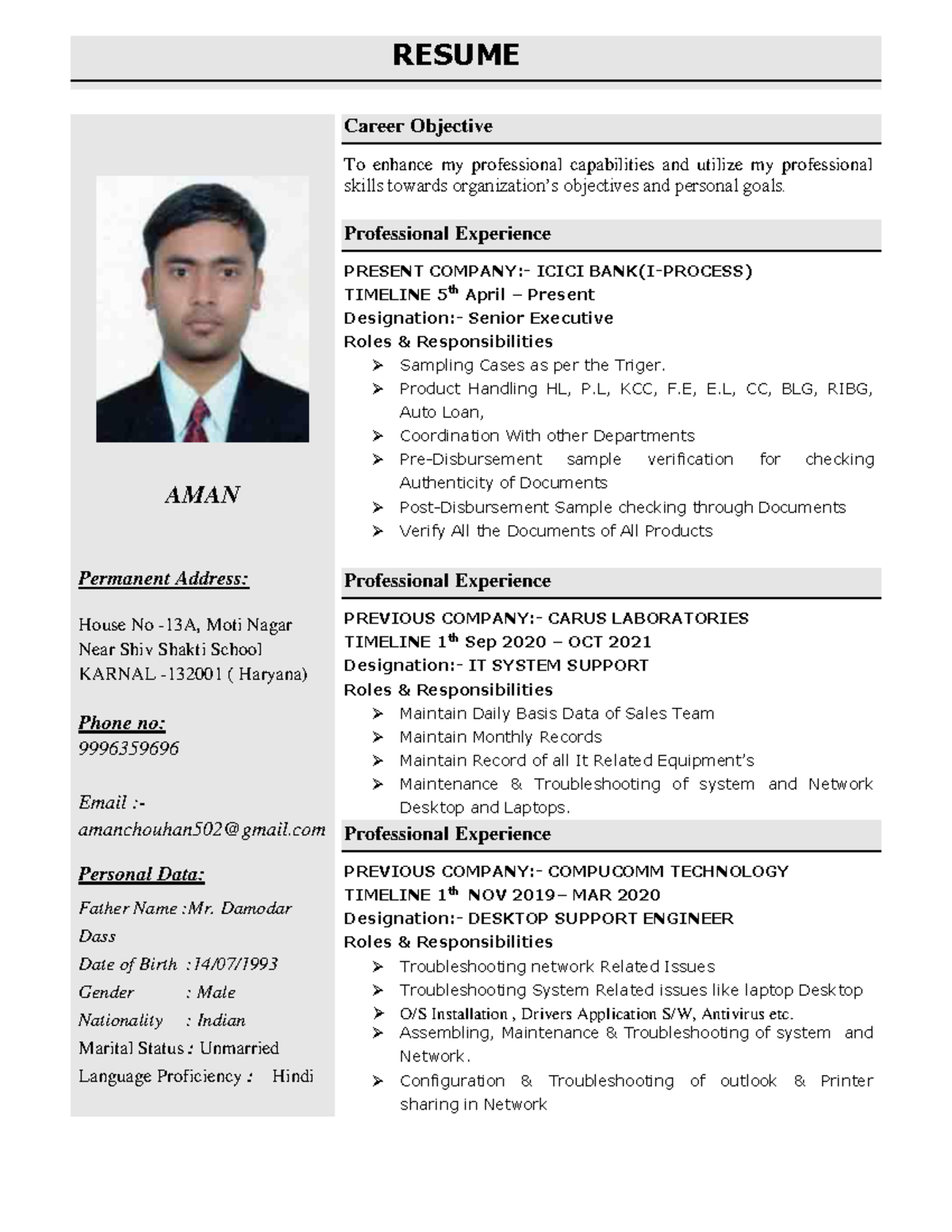 Aman.CV new 2-1 - Cv of person - RESUME AMAN Permanent Address: House ...