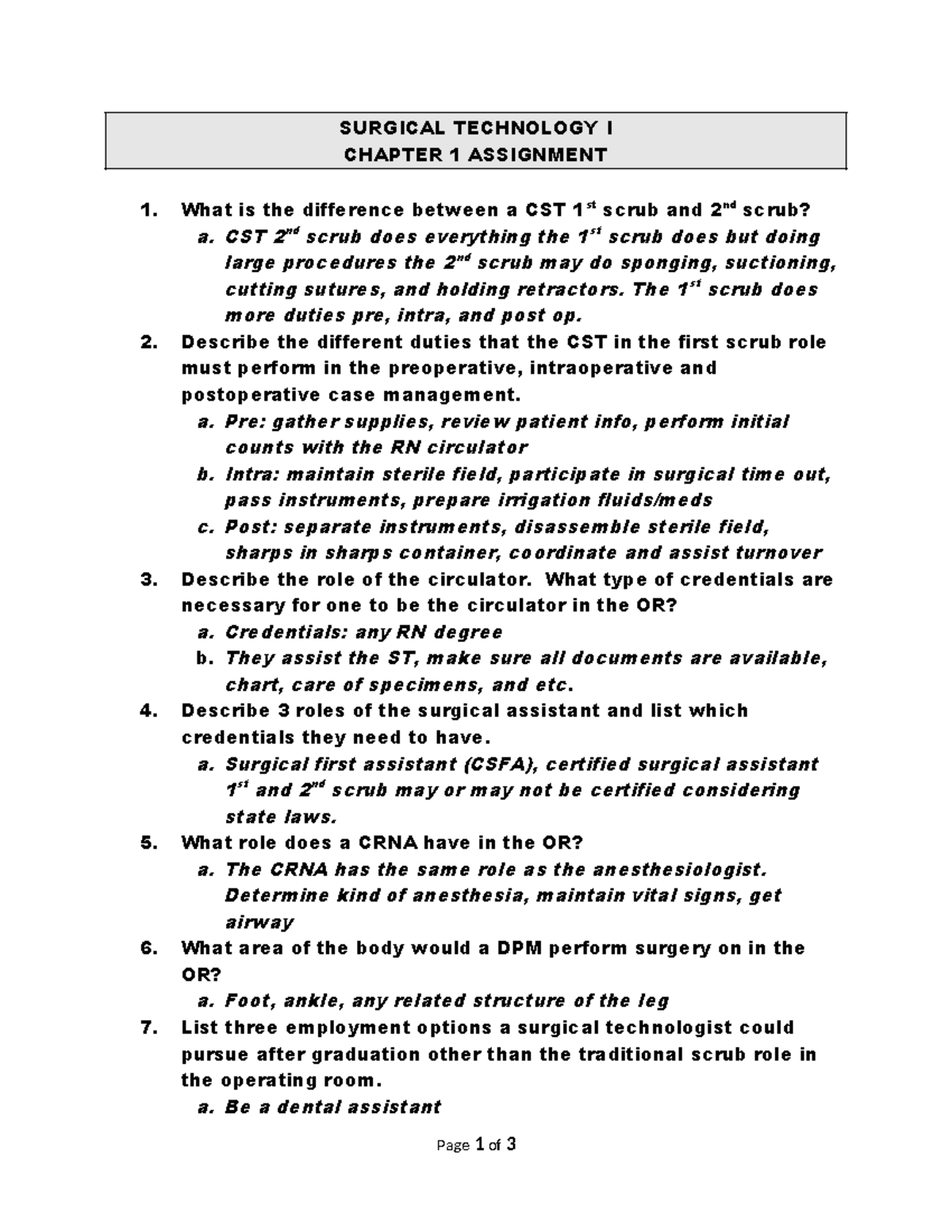 Chapter 1 Assignment - SURGICAL TECHNOLOGY I CHAPTER 1 ASSIGNMENT 1 ...