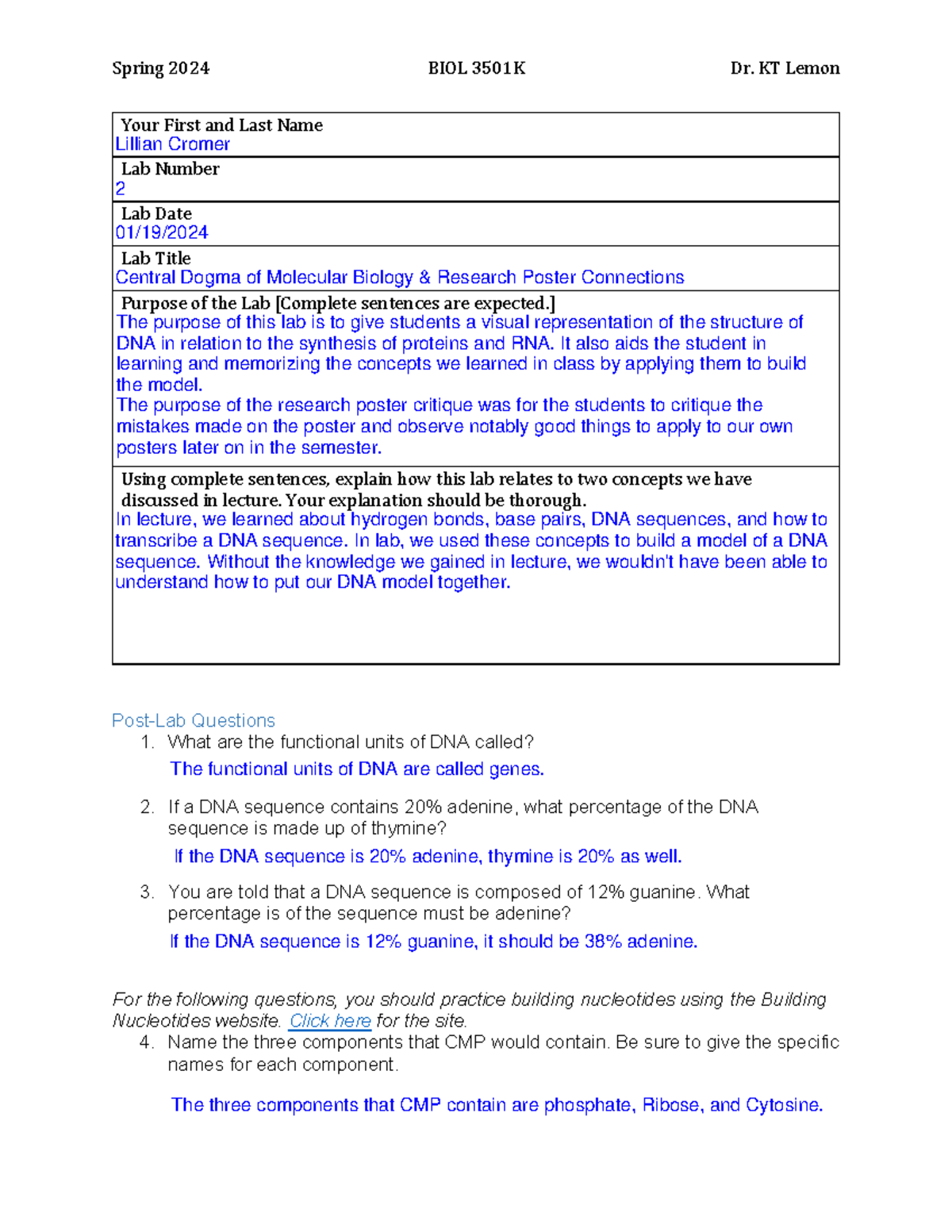 Lab 2 Summary-biol 3501k - Spring 2024 Biol 3501k Dr. Kt Lemon Your 