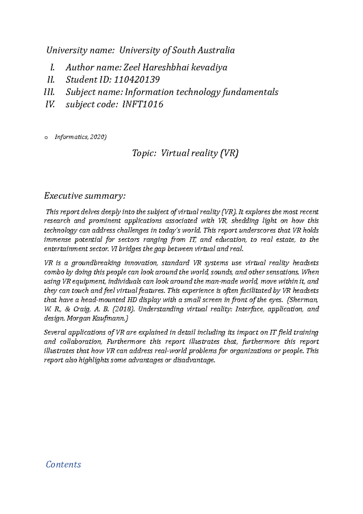 Report 2 - assignment - University name: University of South Australia ...