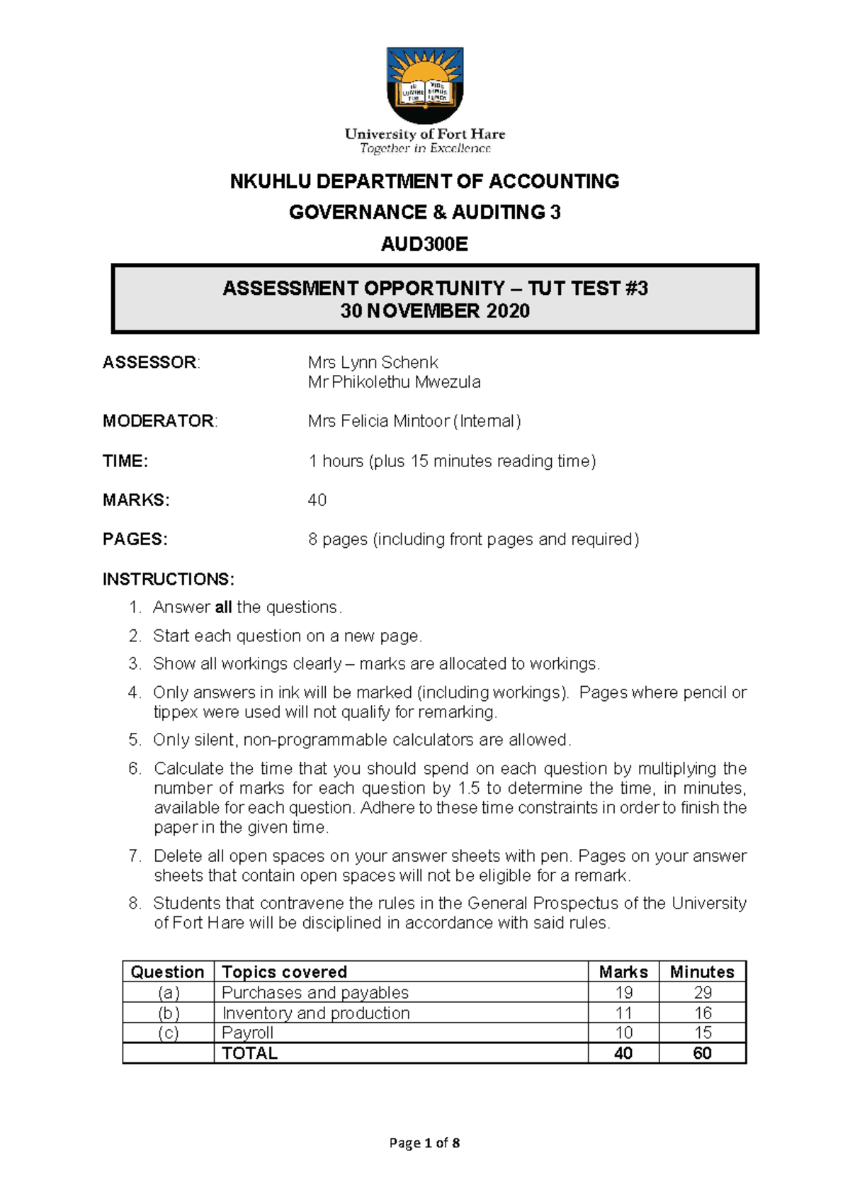 AUD300 - Tut test 3 - Question paper - NKUHLU DEPARTMENT OF ACCOUNTING ...