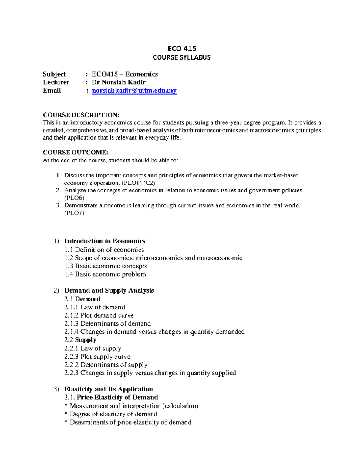 Syllabus ECO415 OCT2022 - ECO 415 COURSE SYLLABUS Subject : ECO415 ...