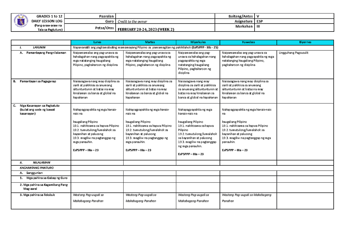 Grade 5 DLL ESP 5 Q3 Week 2 - GRADES 1 to 12 DAILY LESSON LOG (Pang ...