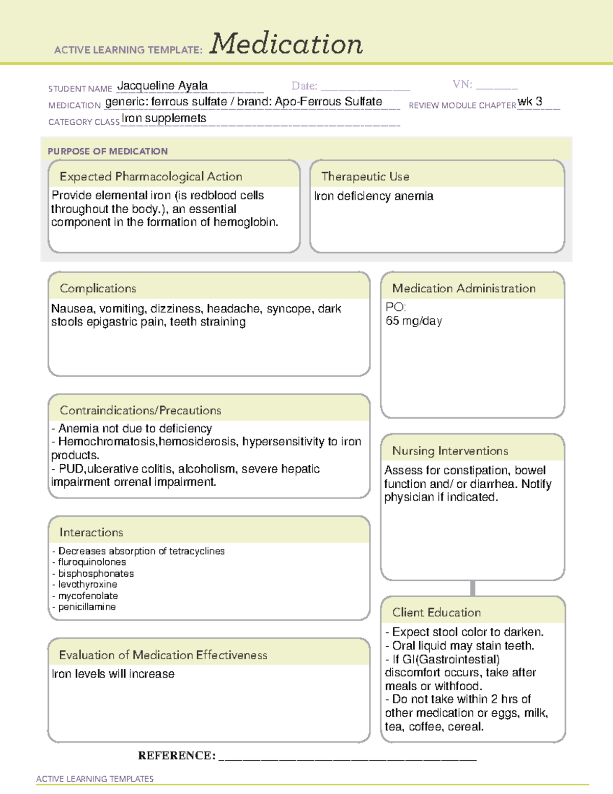 Ferrous Wk 3 - med card - ACTIVE LEARNING TEMPLATES Medication STUDENT ...