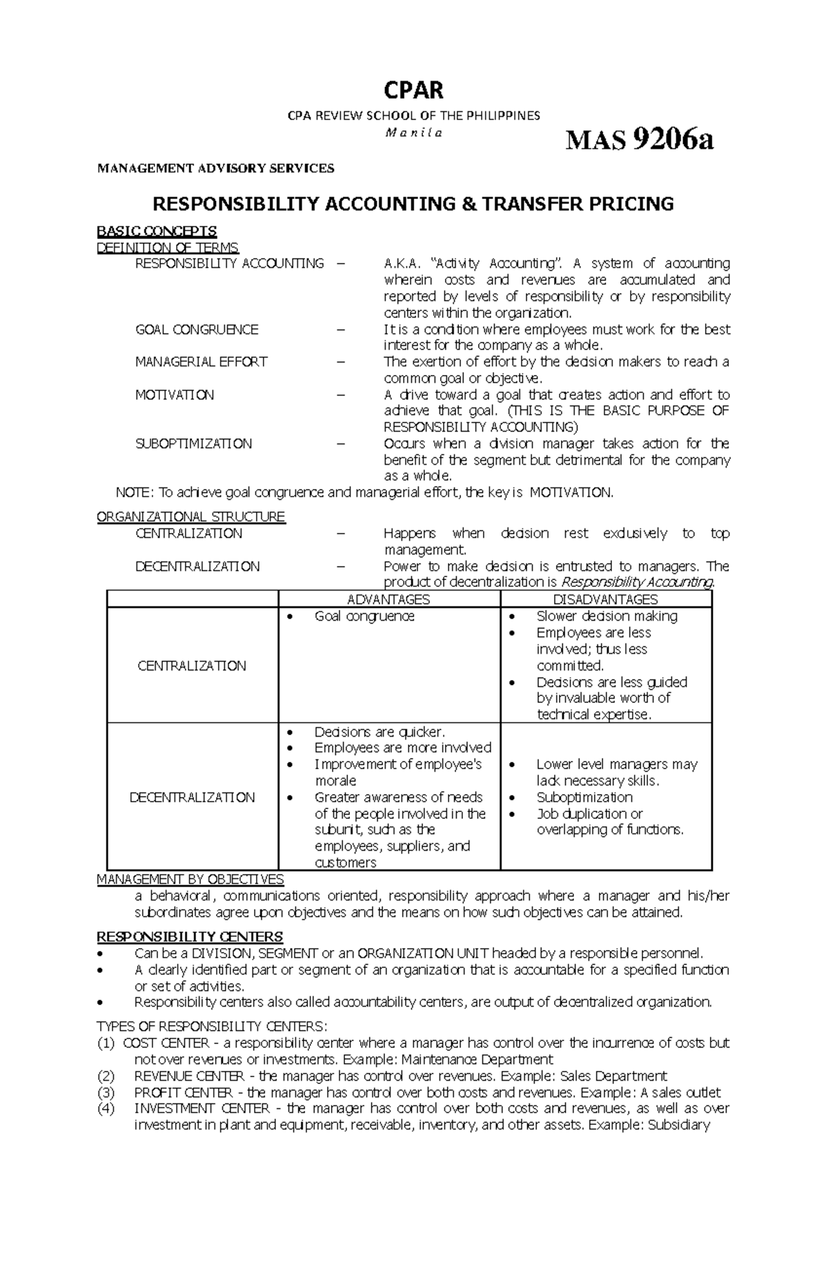 MAS 9206a Responsibility Accounting Transfer Pricing - CPAR CPA REVIEW ...