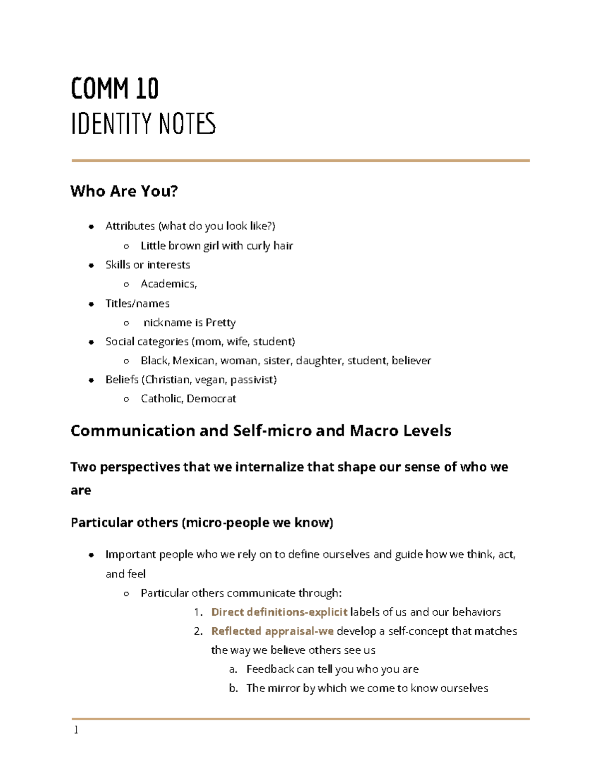 COMM Identity Notes - COMM 10 IDENTITY NOT Who Are You? Attributes ...