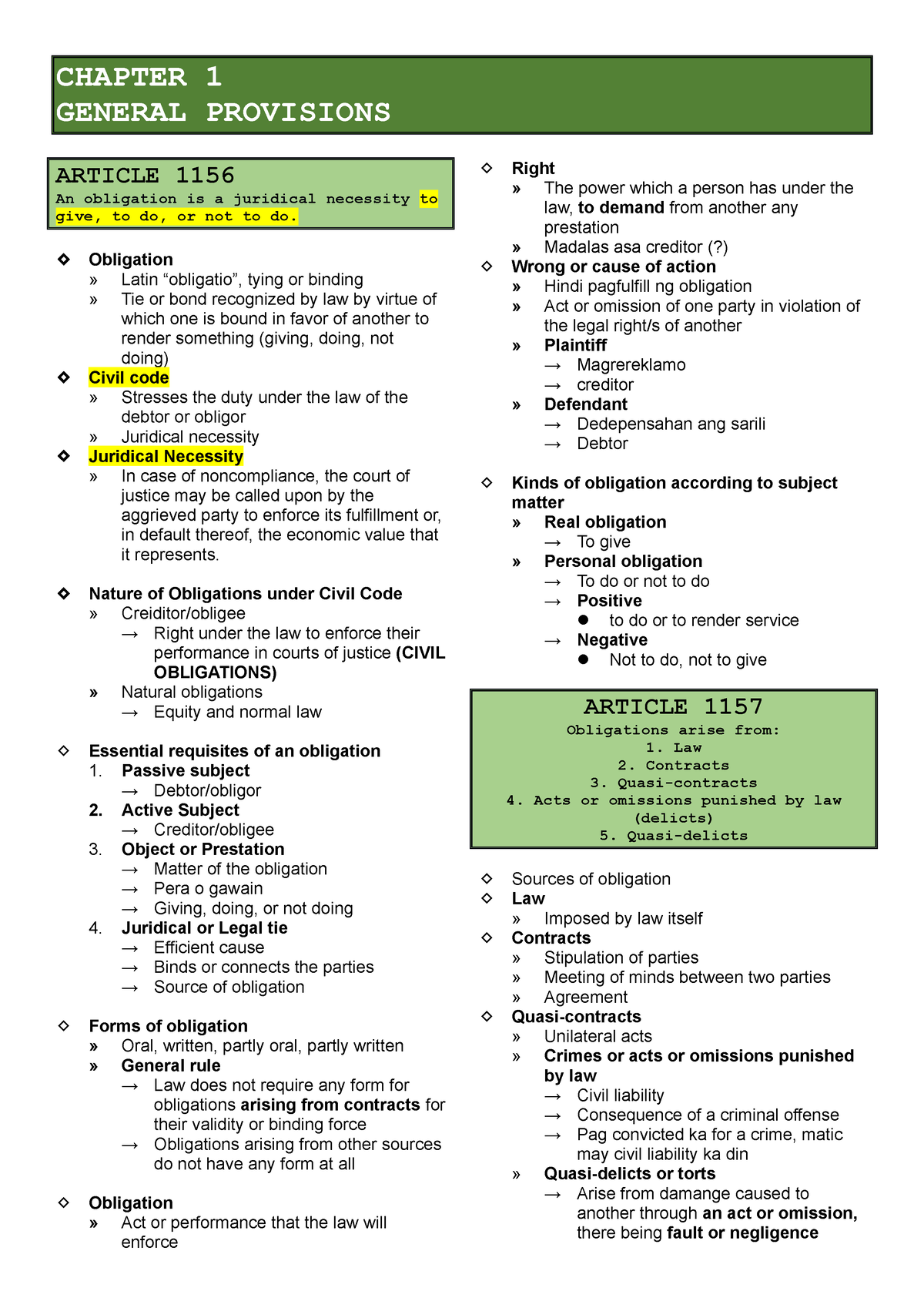 Reviewer Prelims - CHAPTER 1 GENERAL PROVISIONS ARTICLE 1156 An ...