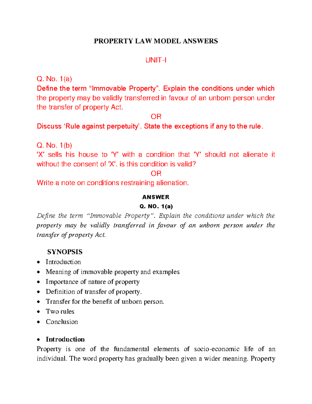 Property LAW - PROPERTY LAW MODEL ANSWERS UNIT-I Q. No. 1(a) Define The ...