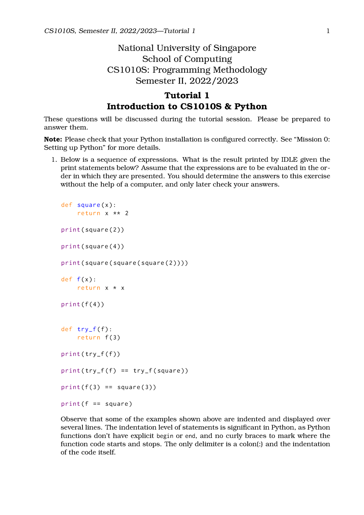 Tut01 Cs1010s - Tut1 - CS1010S, Semester II, 2022/2023—Tutorial 1 1 ...