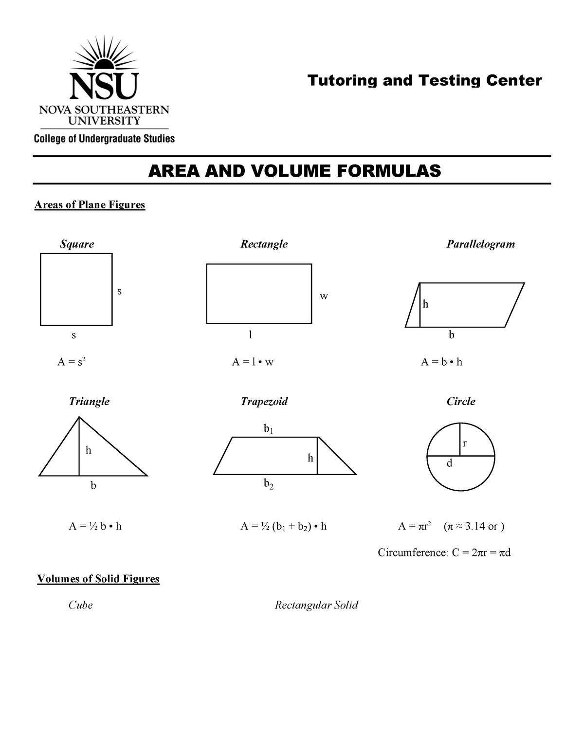 Area And Volume Formulas - AREA AND VOLUME FORMULAS Areas Of Plane ...