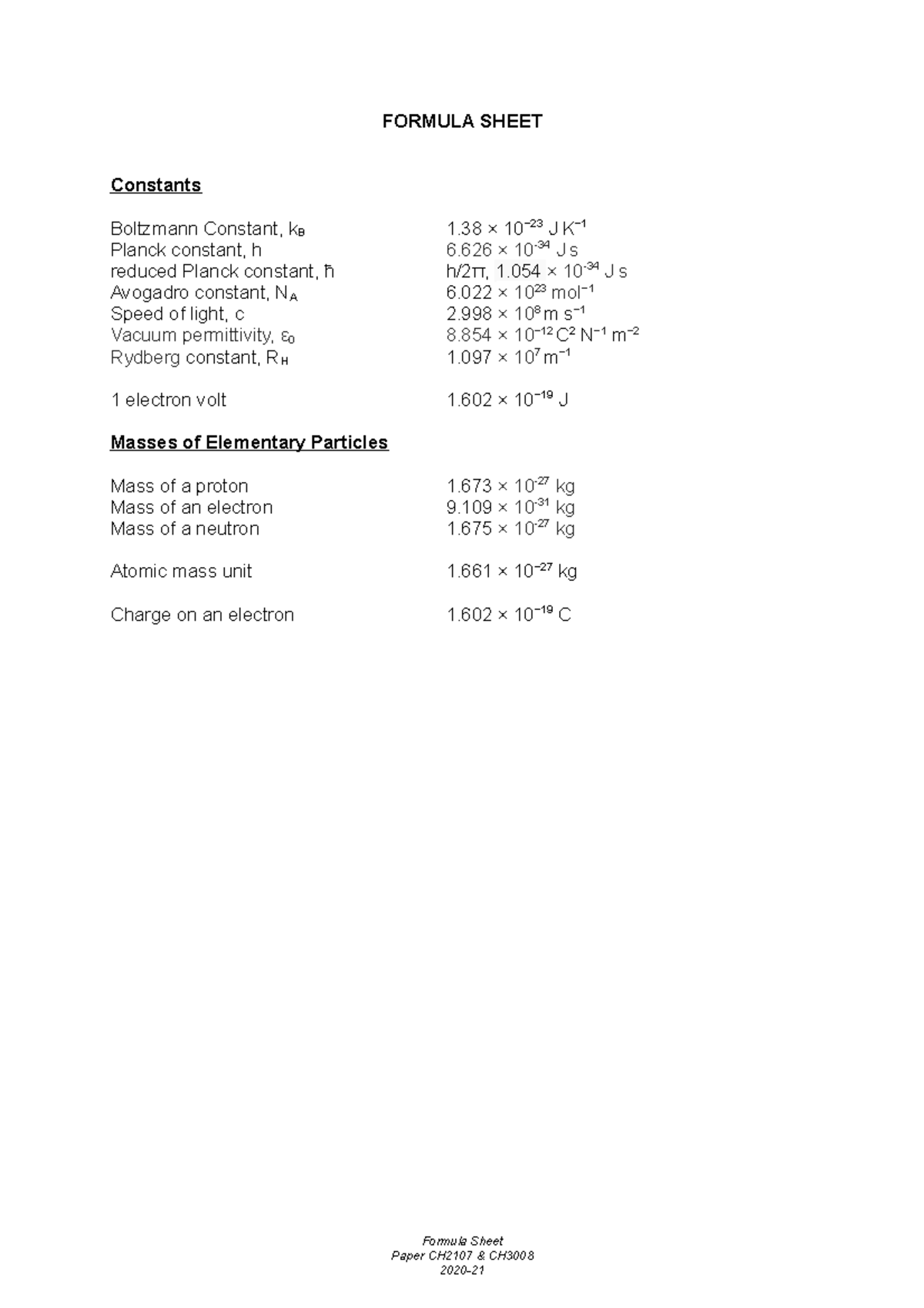 CH3008 20-21 Formula Sheet - FORMULA SHEET Constants Boltzmann Constant ...
