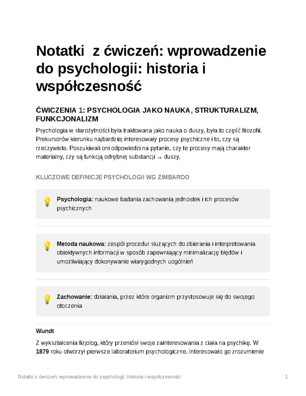 ćwiczenia Z Historii Psychologii - Notatki Z ćwiczeń: Wprowadzenie Do ...