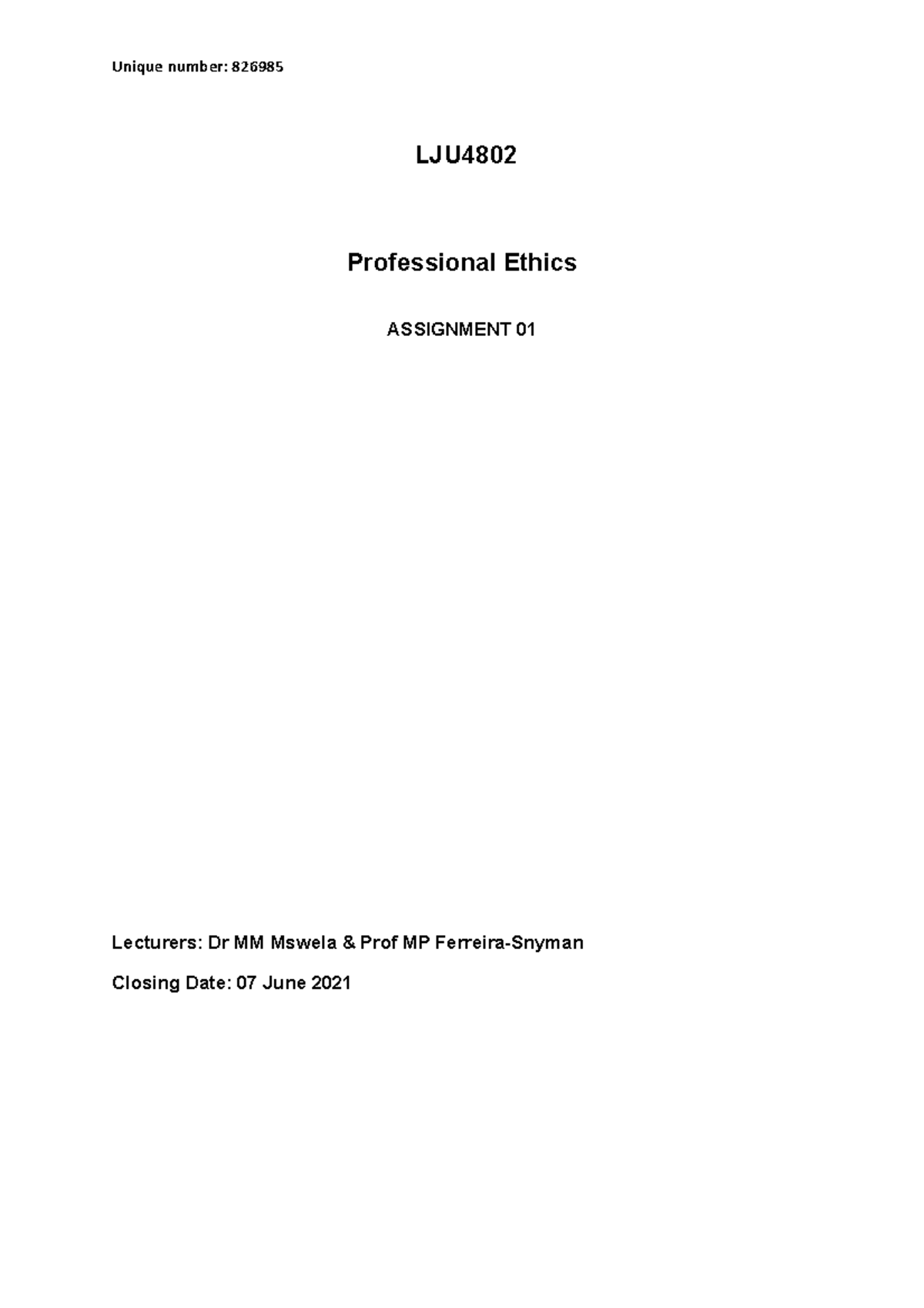 Lju4802 Assignment 1 Solutions Lju Professional Ethics Assignment 01
