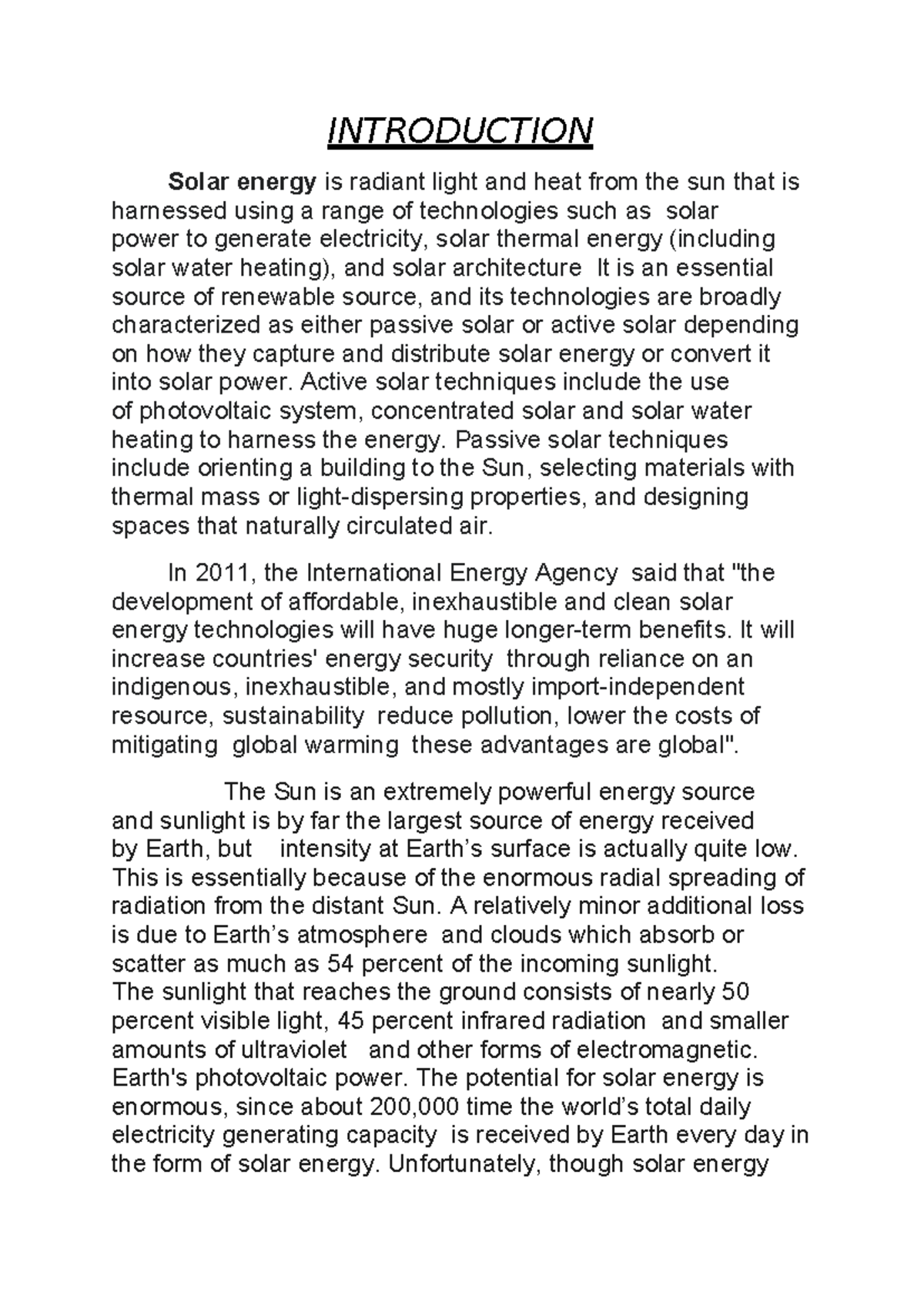 EVS Project - INTRODUCTION Solar energy is radiant light and heat from ...