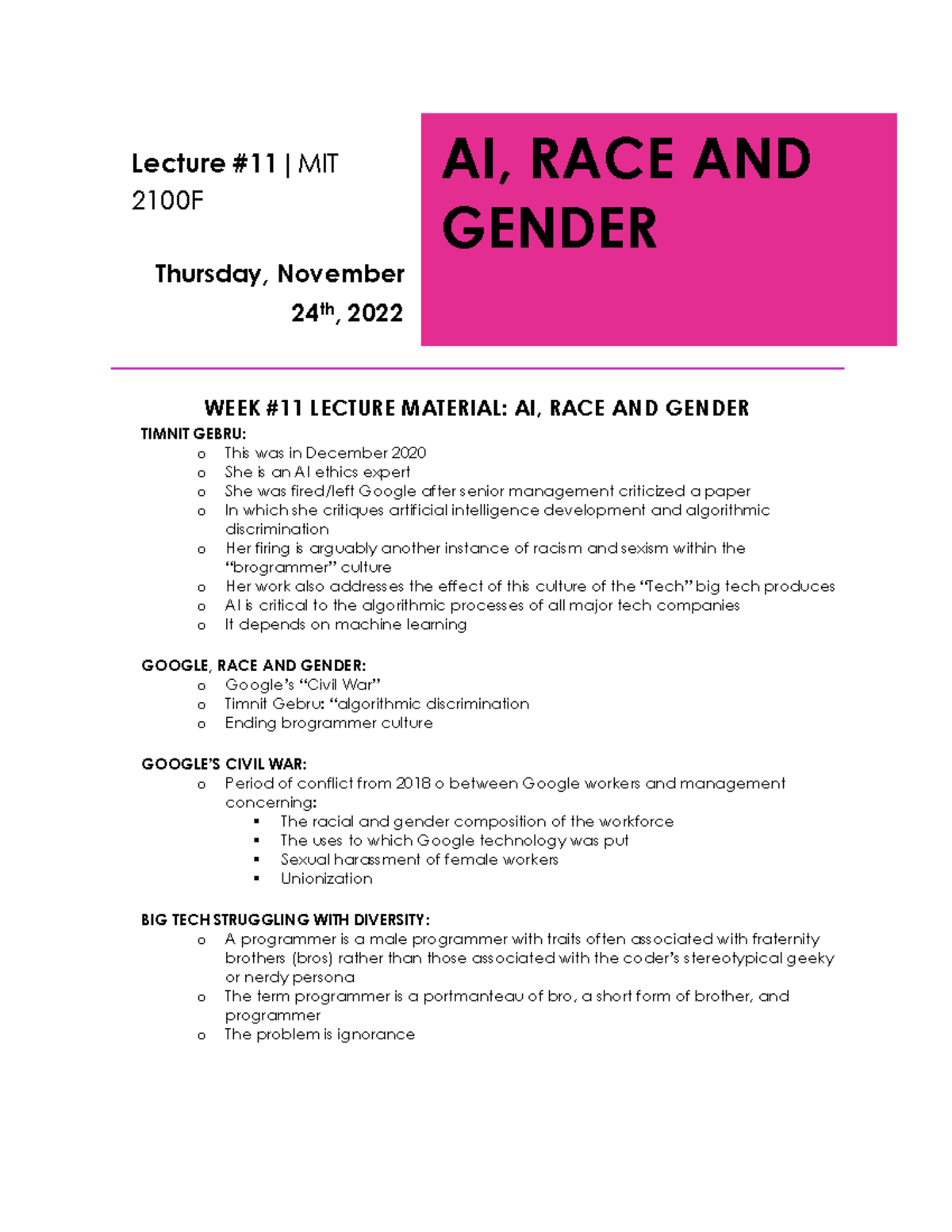 Ai, Race and Gender - Lecture # 11 |MIT 2100F Thursday, November 24 th ...
