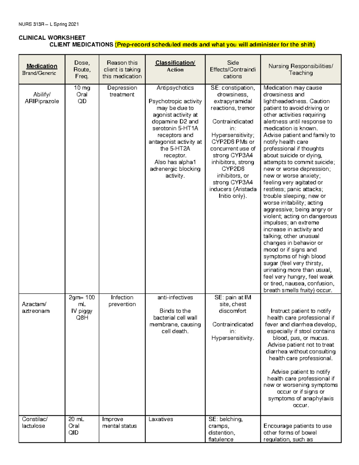 Sp 23 Nurs 313 clinical packet with SBAR - NURS 313R – L Spring 2021 ...