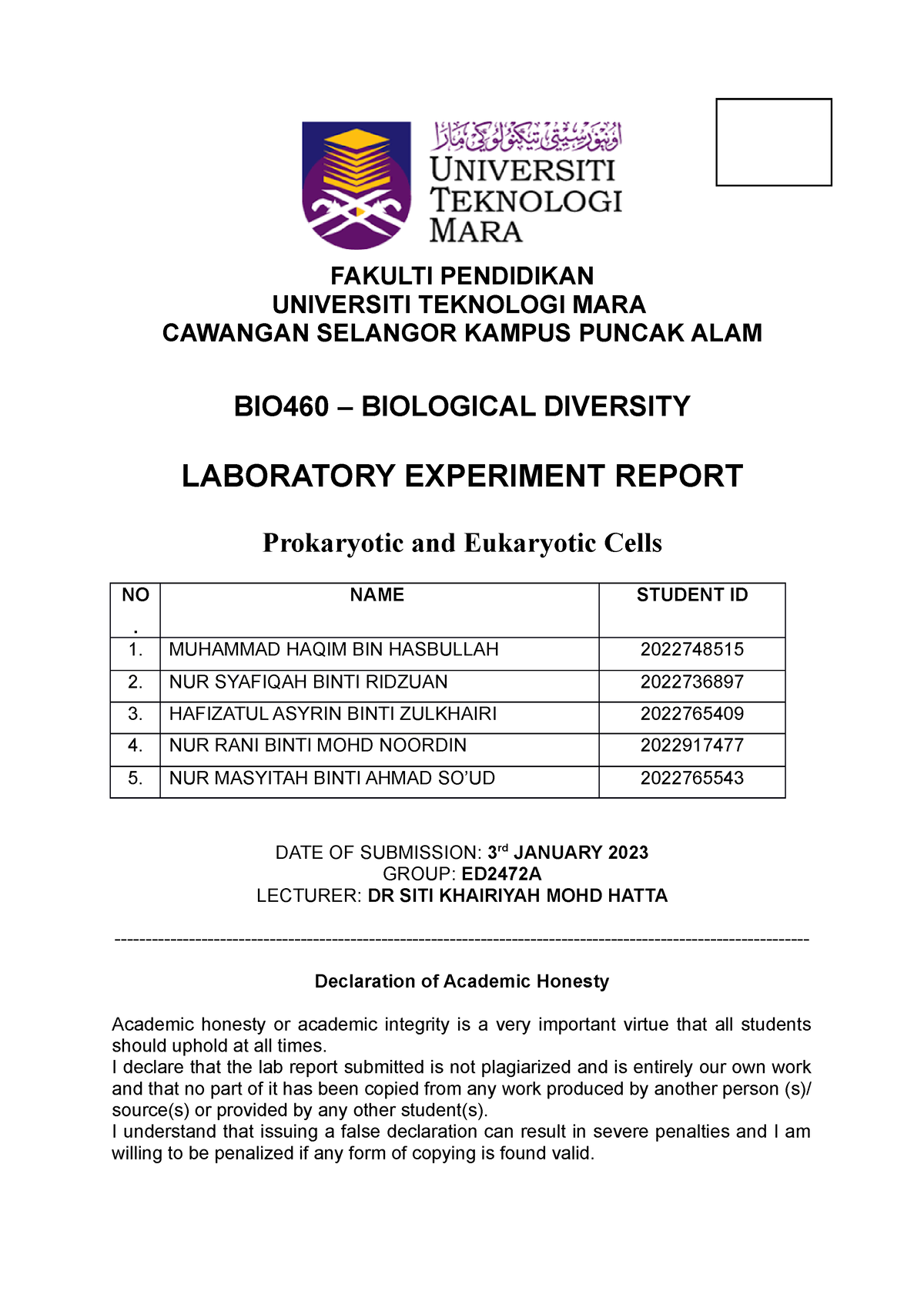 Lab Report 1 - Grouping - Bio - FAKULTI PENDIDIKAN UNIVERSITI TEKNOLOGI ...