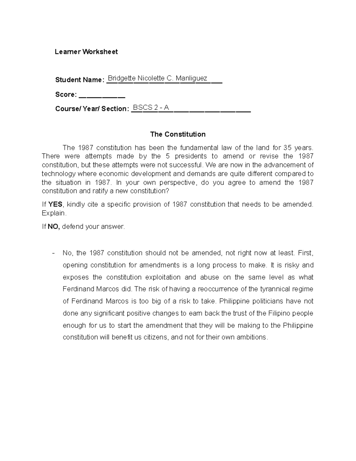 Learner Worksheet - Readings - Learner Worksheet Student Name