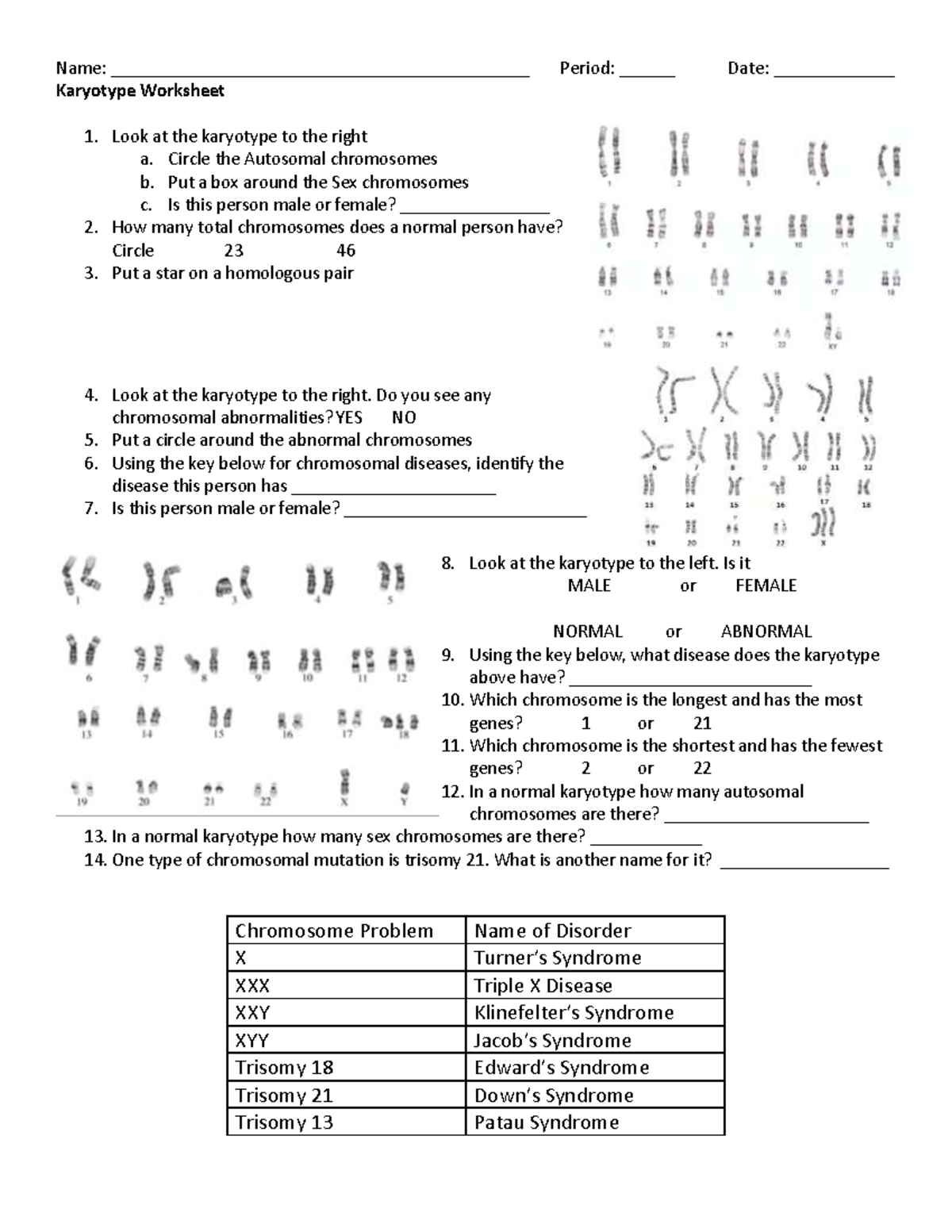 Karyotype worksheet 1 - math. - Name: Period: ______ - Studocu