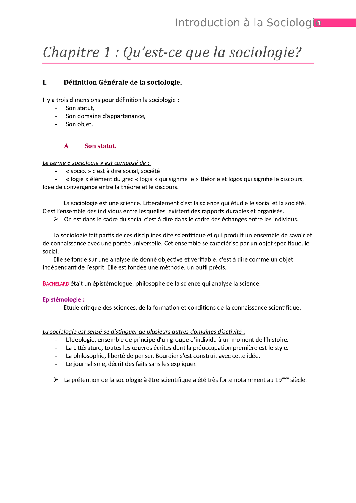 Chapitre 1 - Notes De Cours 1-10 - 1 Introduction à La Sociologie ...