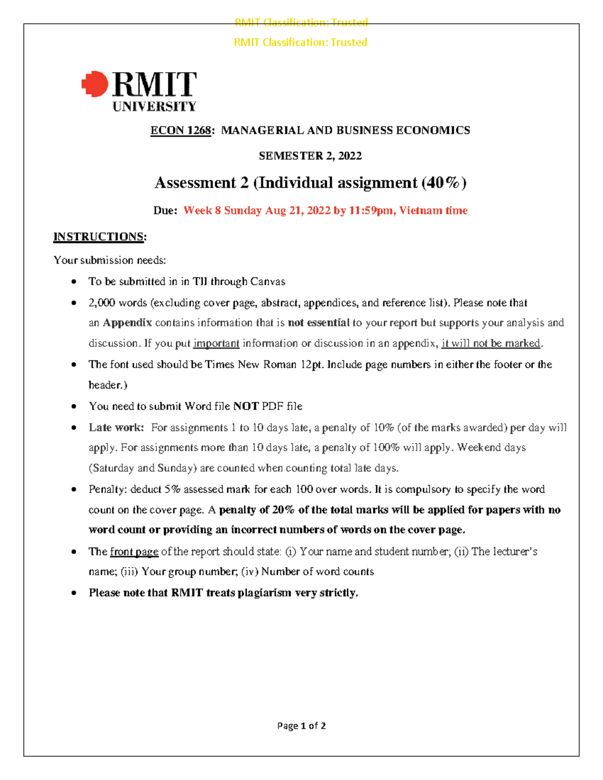 ECON1268 Assignment 2 Instructions - Page 1 of 2 RMIT Classification ...