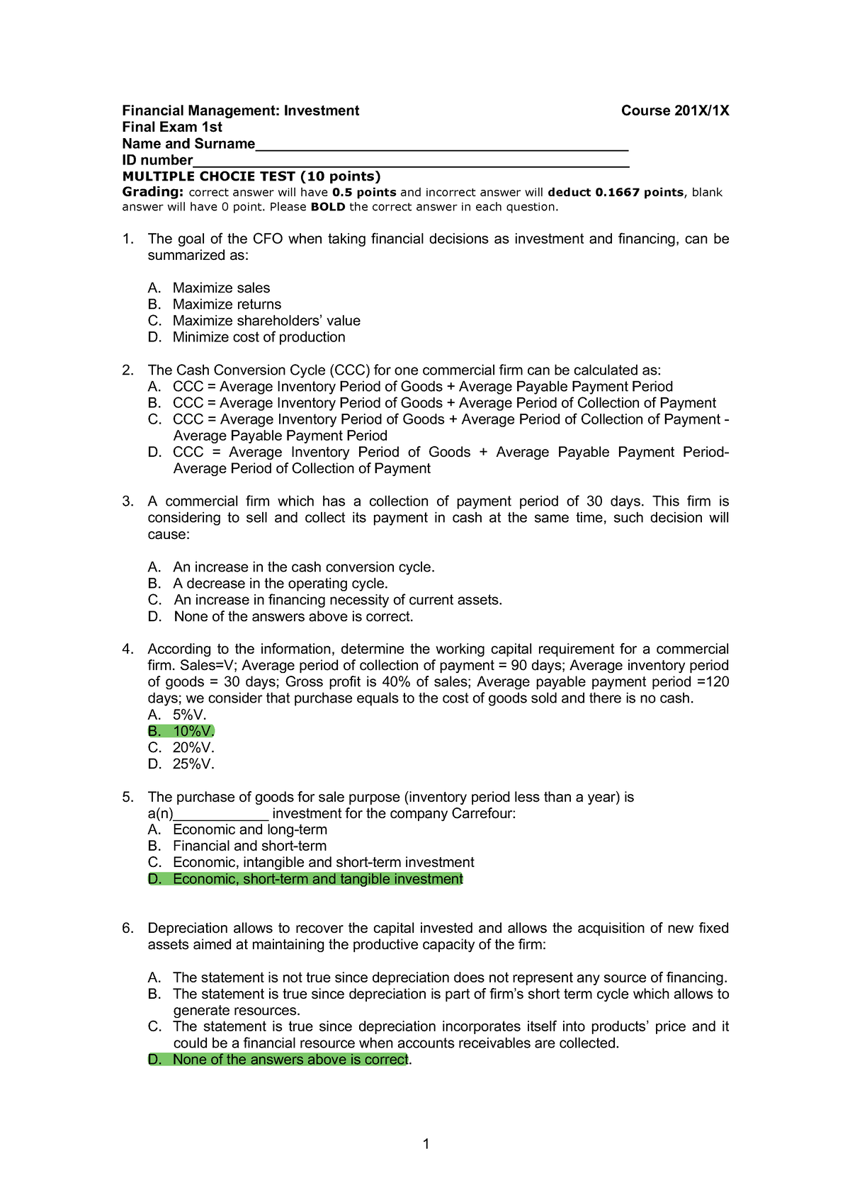 Final Exam Example Moodle - Financial Management: Investment Course ...