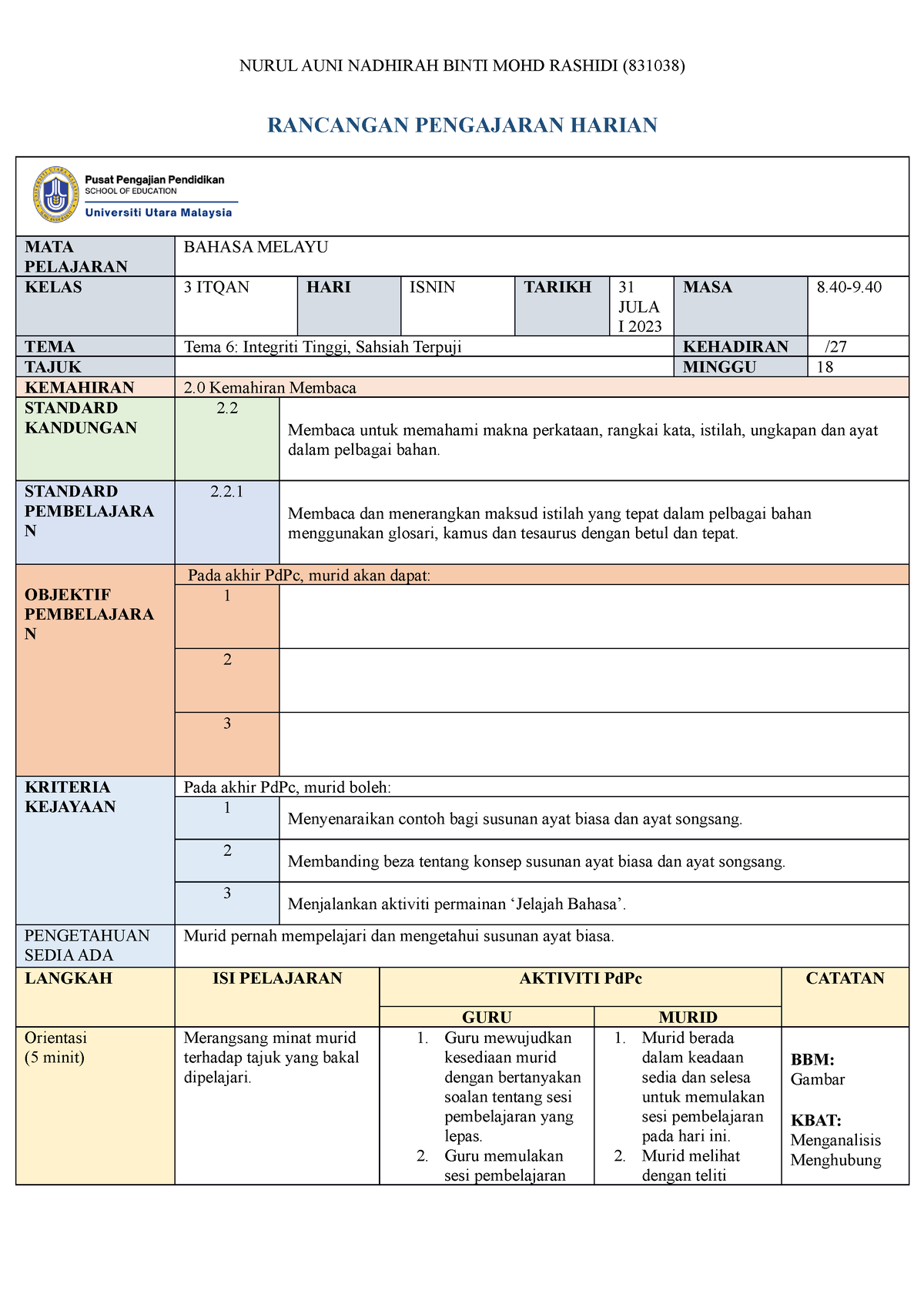 RPH 3 IT 31 Julai - Vdffd - Biology - UUM - Studocu