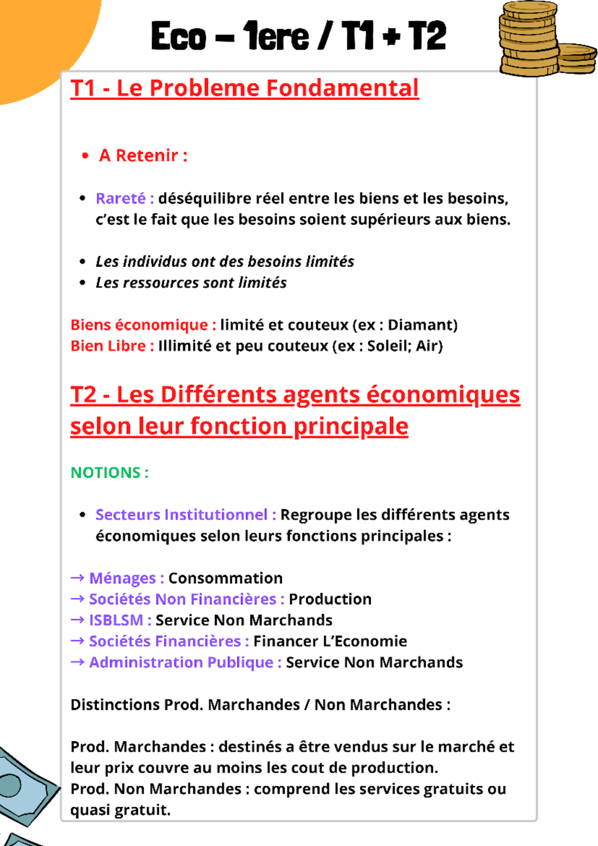 Fiche DE ECO 1ERE - Eco 1ere T1 T2 T1 Le Probleme Fondamental A Retenir ...