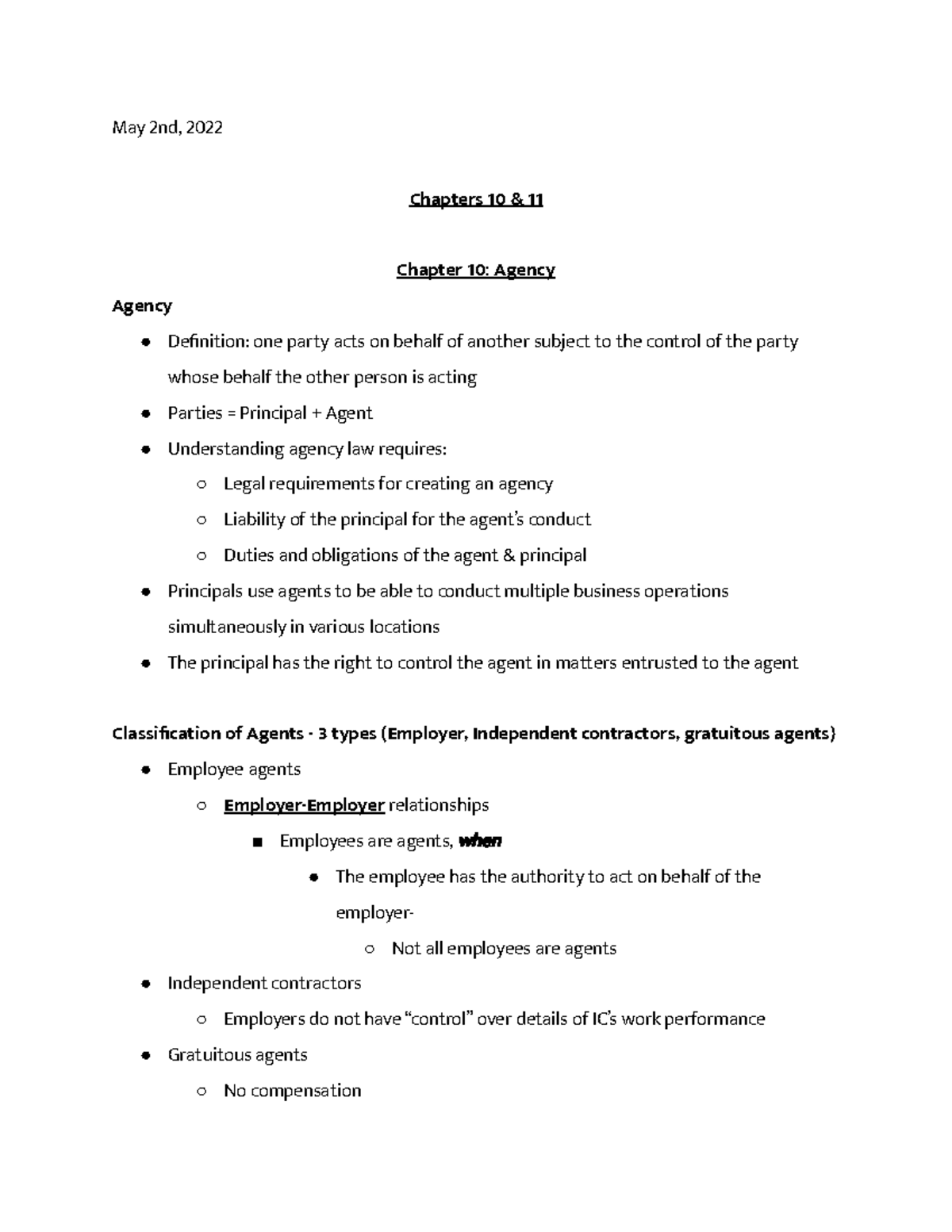 Chapters 10 & 11 - May 2nd, 2022 Chapters 10 & 11 Chapter 10: Agency ...