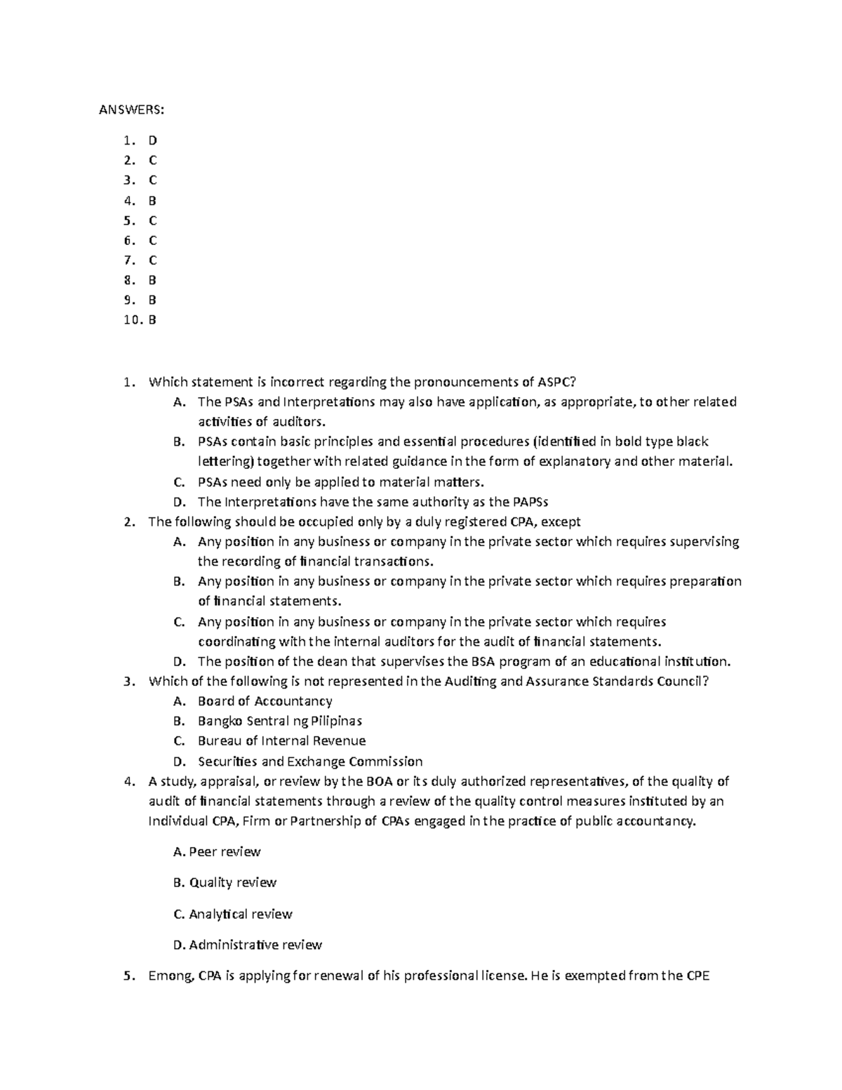 Auditing Theory- Questions And Answers - ANSWERS: 1. D 2. C 3. C 4. B 5 ...